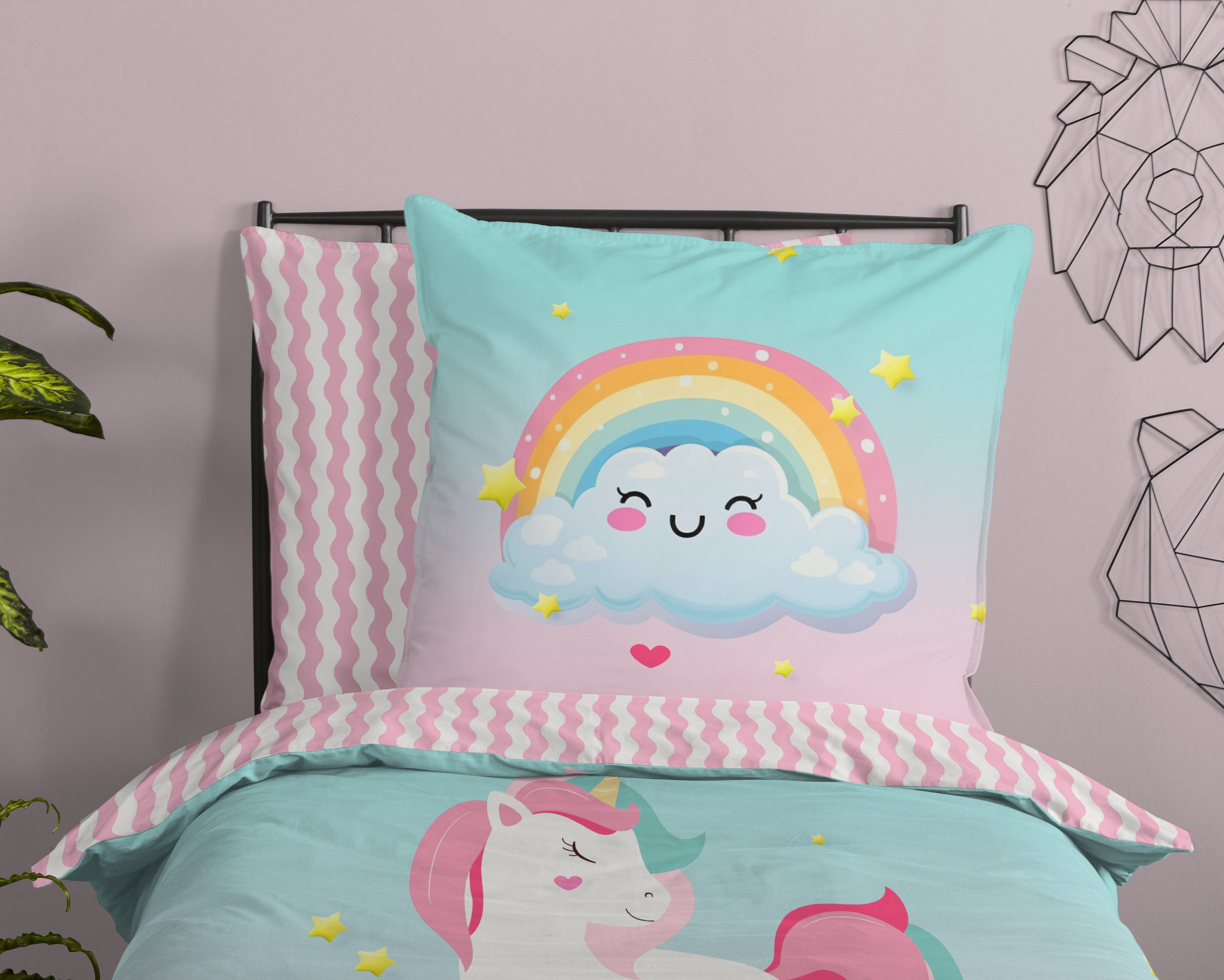 good morning Kinderbettwäsche Sweety, Renforcé, 2 teilig, Baumwolle, 135x200, Wendeoptik, Kind, Einhorn, Regenbogen, Rosa, Multi