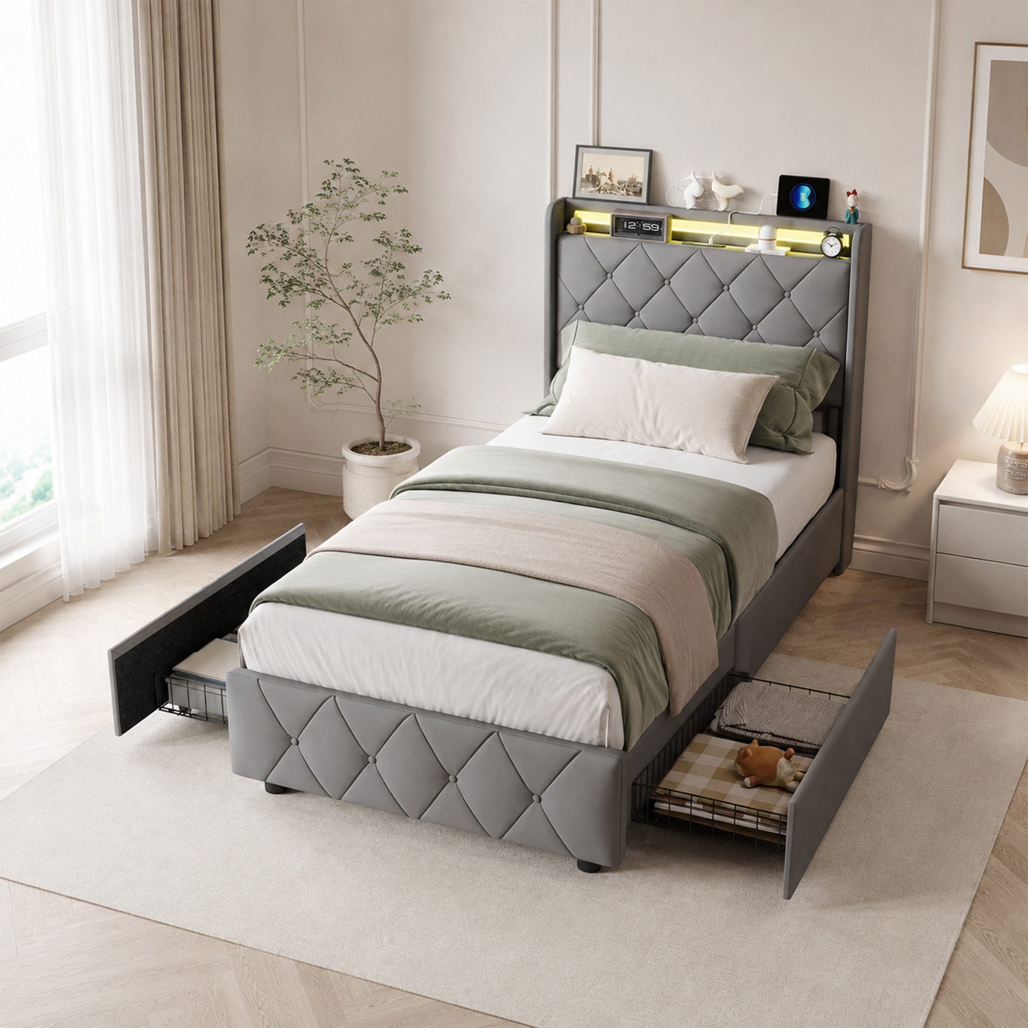 Simurq Einzelbett Polsterbett 90x200, Stauraumbett, Jugendbett, Samtbett (Lattenrost), Einzelbett 90x200 mit 2 Rollschubladen, LED-Beleuchtung, Ladestation