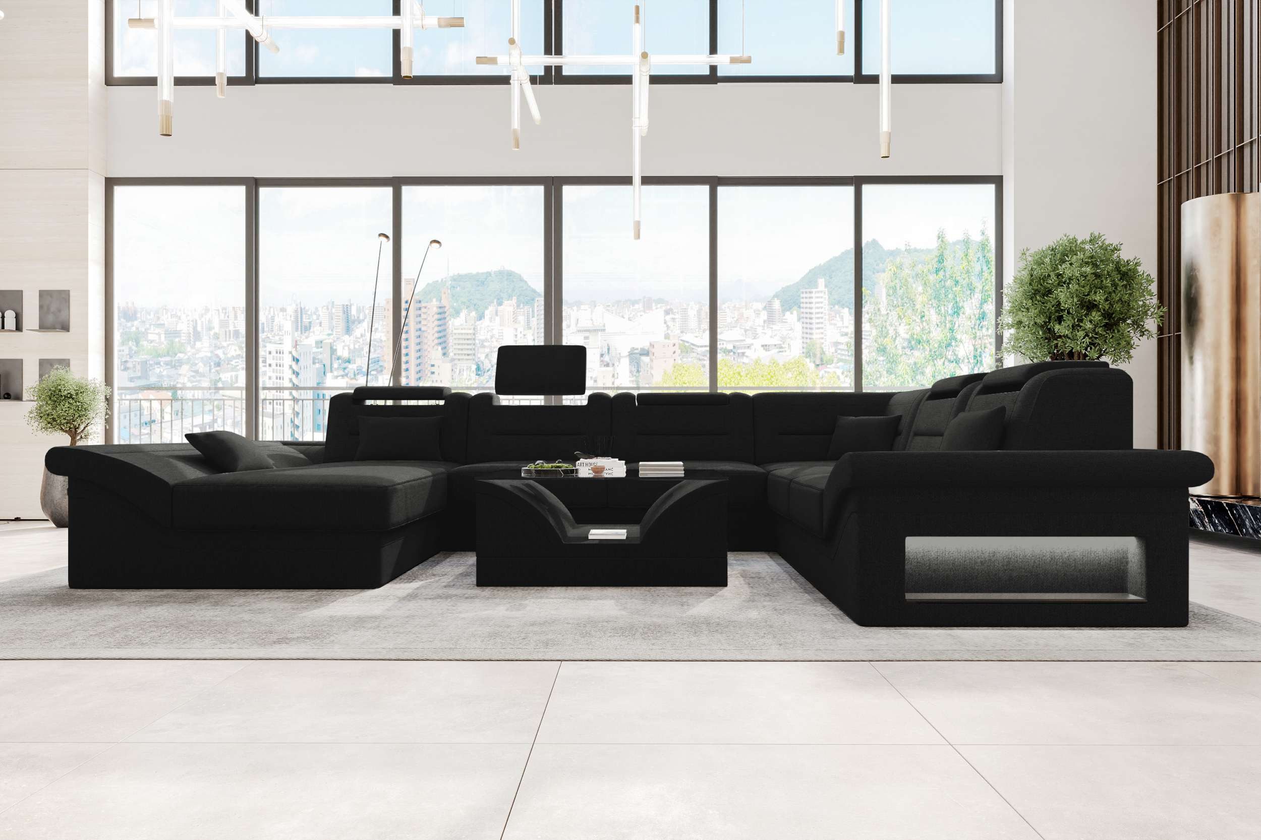 Sofa Dreams Wohnlandschaft XXL Wohnlandschaft Enzo U-Form in Stoff, Wohnlandschaft, U-Form, Polster Couch in U-Form mit LED, 2 Zierkissen inklusive