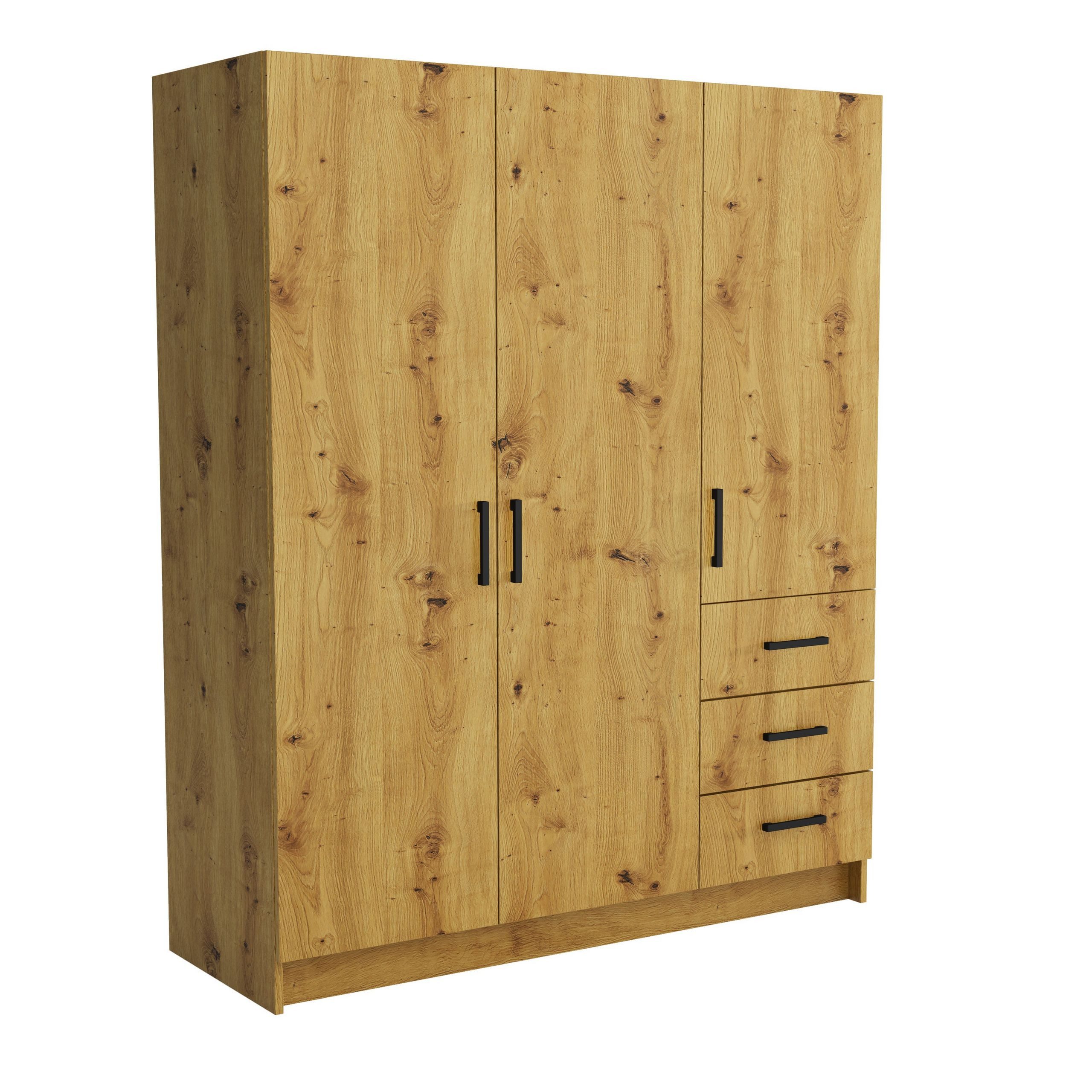 Masseno Dreh-/Schwebetürenschrank PINELLO 144 cm Kleiderschrank 3 Türen und 3 Schubladen Eiche Artisan