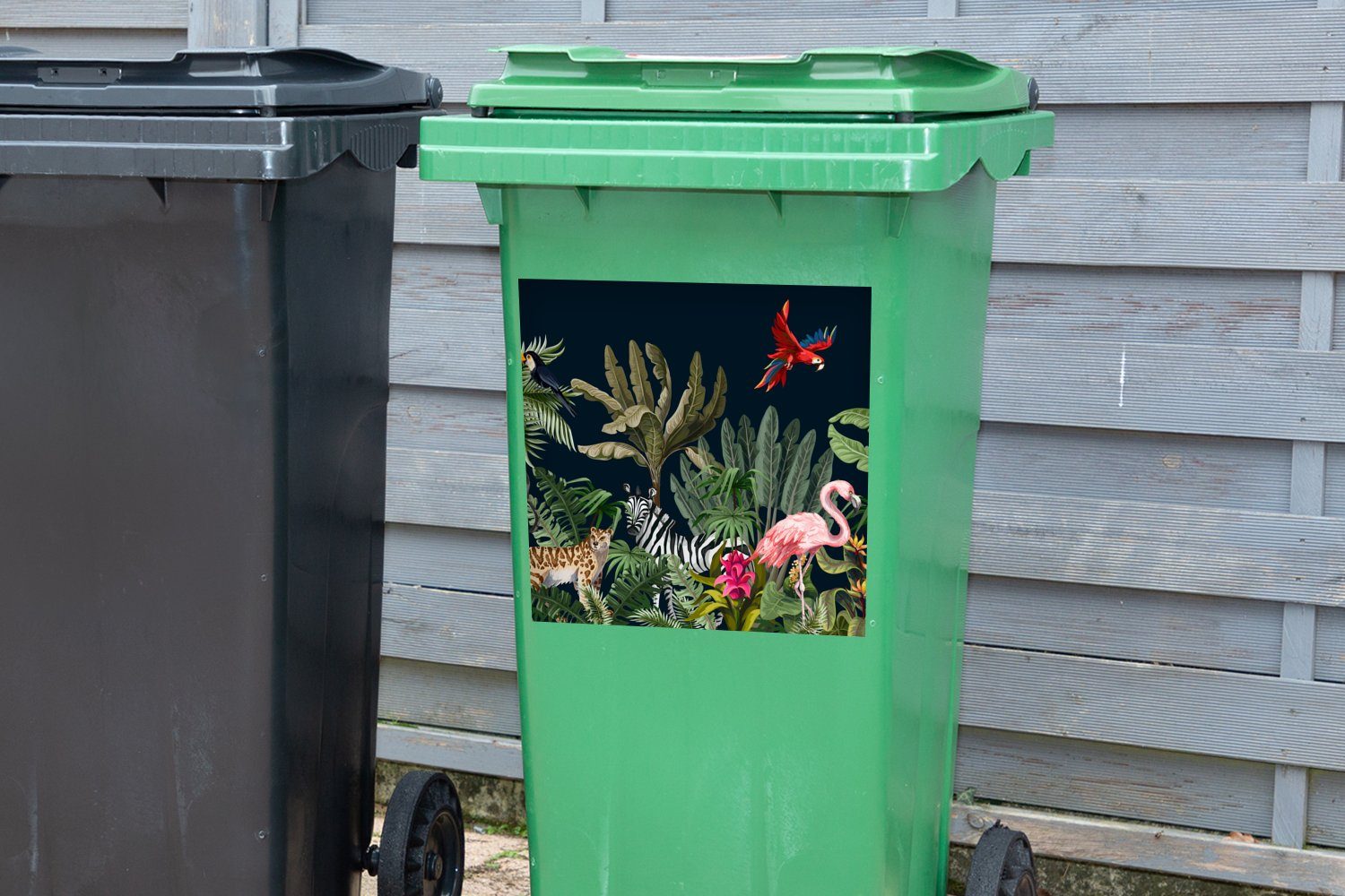 Tiere Container, - (1 Dschungel - Sticker, Mülleimer-aufkleber, Pflanzen Abfalbehälter Zebra - - MuchoWow - Wandsticker Kinder Flamingo Mülltonne, St),