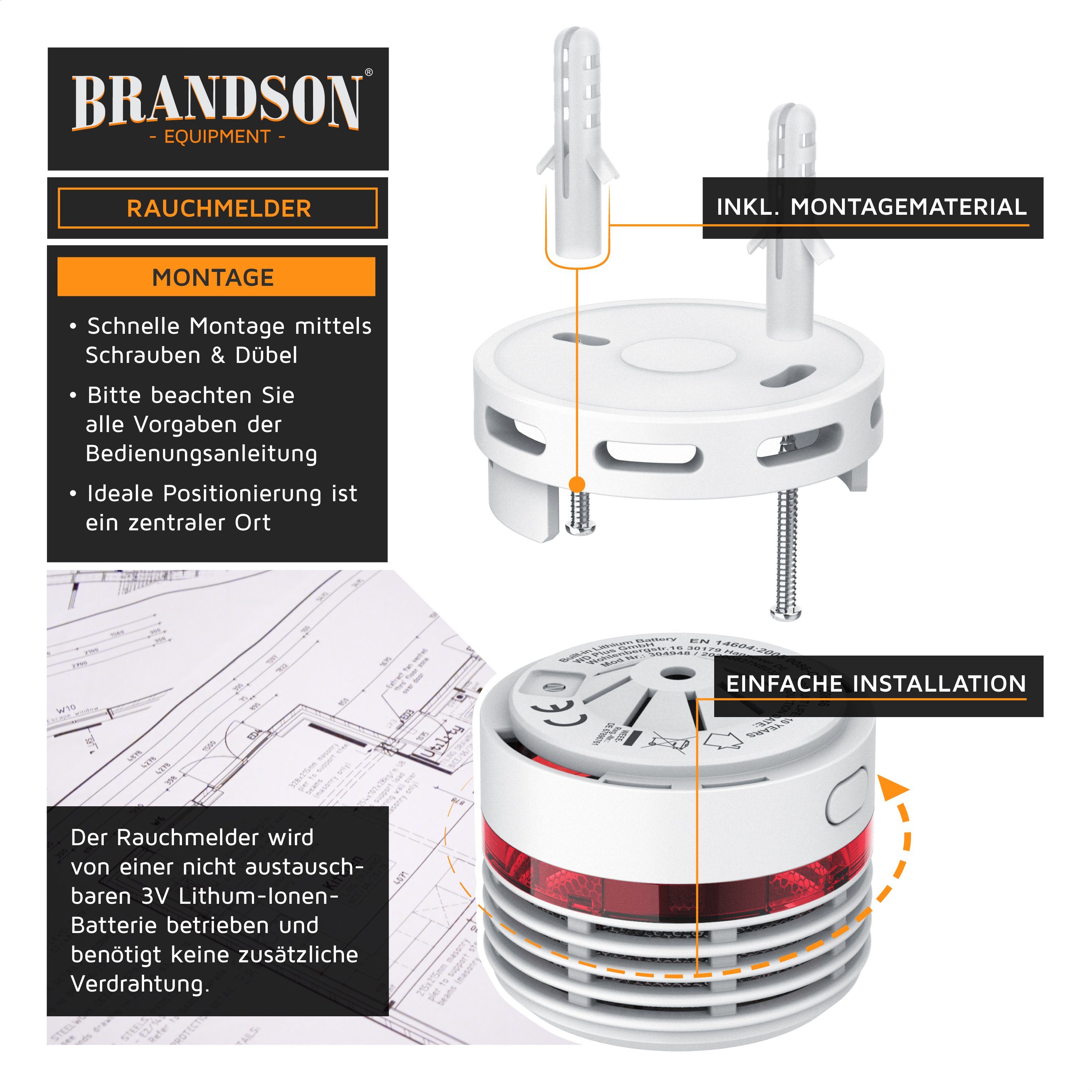 Brandson Rauchmelder (10 LED, TÜV Jahre Prüftaste, 85 Zertifiziert) db, Lautstärke Batterie