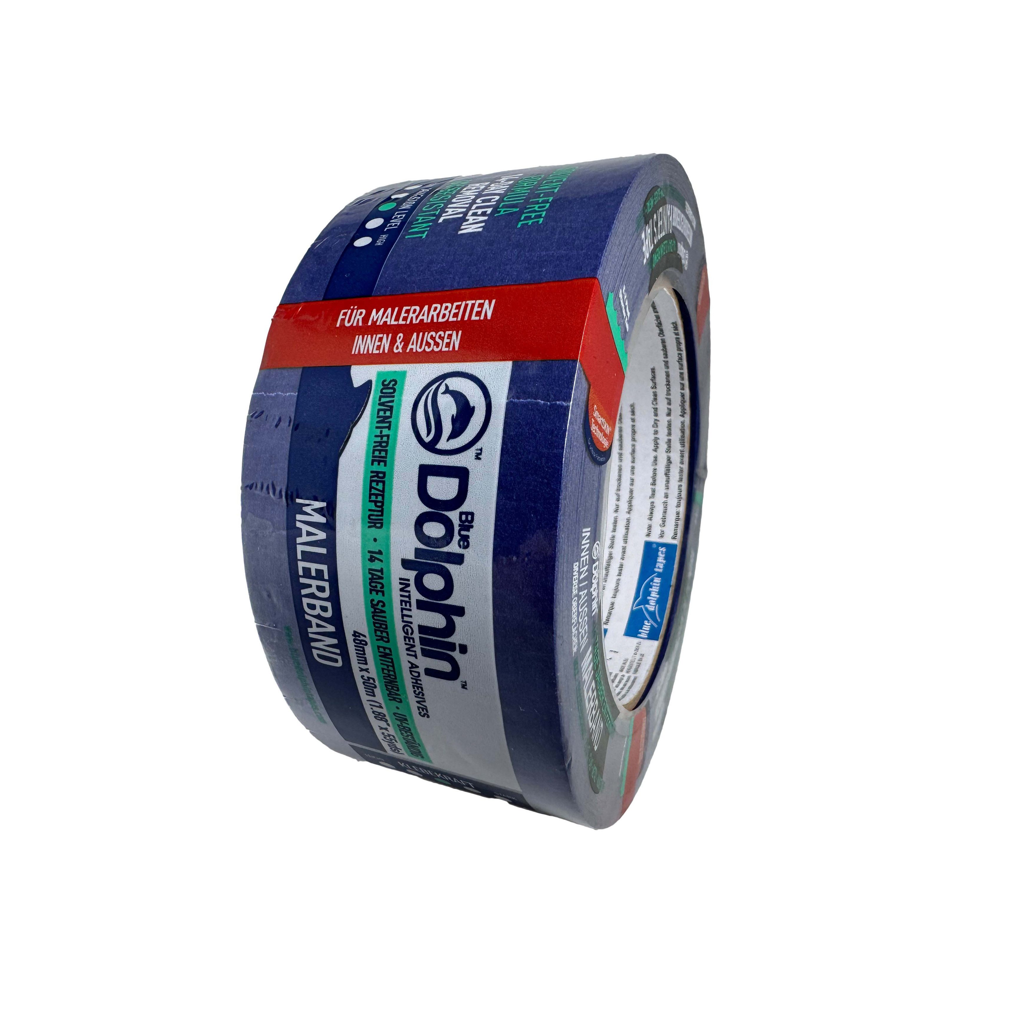 BlueDolphin Kreppband Malerband Abklebeband Kreppband Klebeband 48 mm (Single-pack, 1-St., 1 Malerband) Rückstandsfrei entfernbar, UV-beständig, Verhindert Unterlaufen