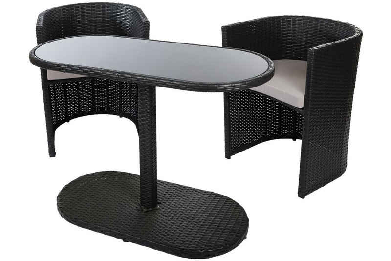 Wohnando Garten-Essgruppe Balkonmöbel Sitzgruppe "Susi", schwarz, Rattan, (3-tlg), bestehend aus 2 Sesseln und 1 Tisch, platzsparend zusammenschiebbar