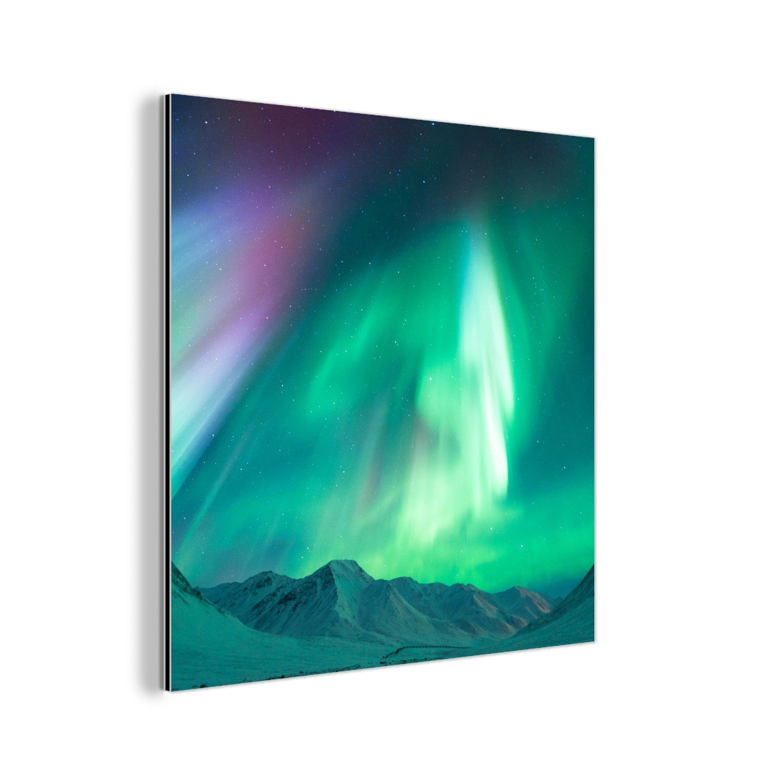 Aluminium deko Metall, St), Schnee, Berg Nordlichter - aus (1 MuchoWow - Metallbild Alu-Dibond-Druck, Gemälde