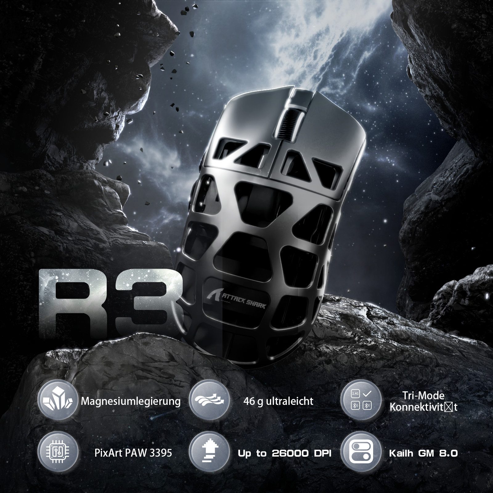 ATTACK SHARK R3 Kabellose Gaming-Maus aus Magnesiumlegierung, 8kHz, 48g Gaming-Maus (2.4G, Bluetooth, USB-C, 26000 dpi, PAW3395-Sensor,46g,8000hz,Magnesiumlegie – Bild 2 von 5