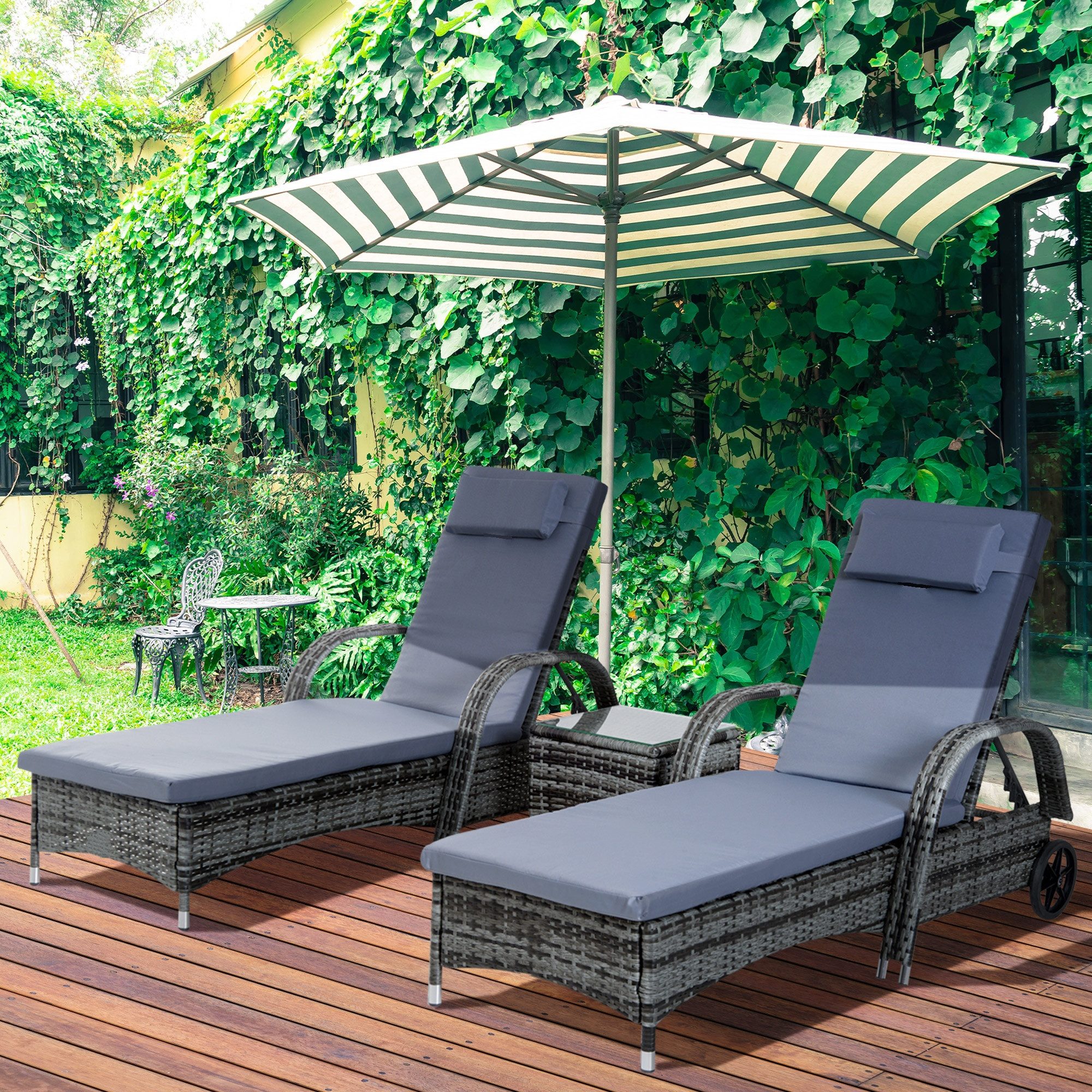 CHICFURN Gartenliege Sonnenliege Set mit Tisch, 3-teiliges Gartenmöbel-Set, Set, 3 St., Aus Polyrattan und Metall, geeignet für Außenbereiche, Grau