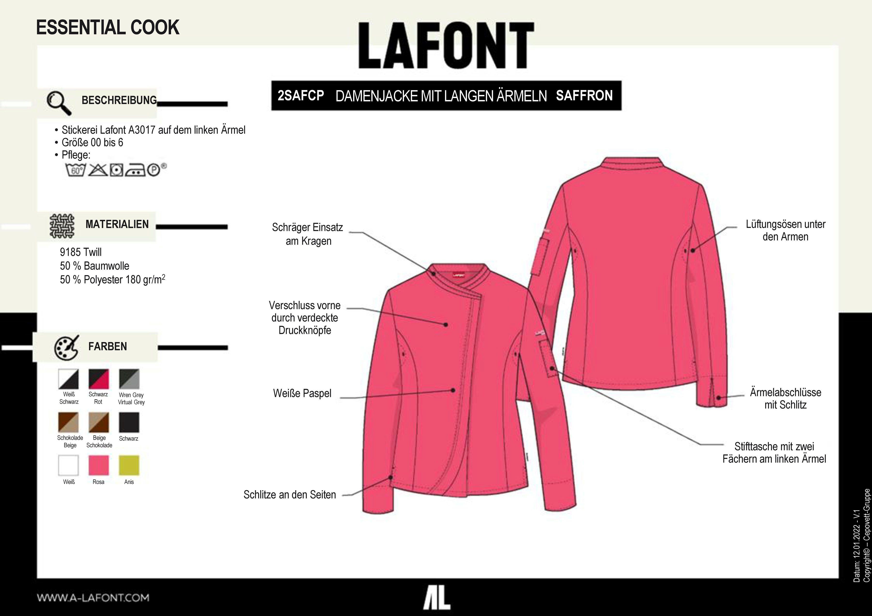 Lafont Kochjacke Damen Langarm, verdeckten ROSA mit Kreuzverschluss Druckknöpfen "Saffron"