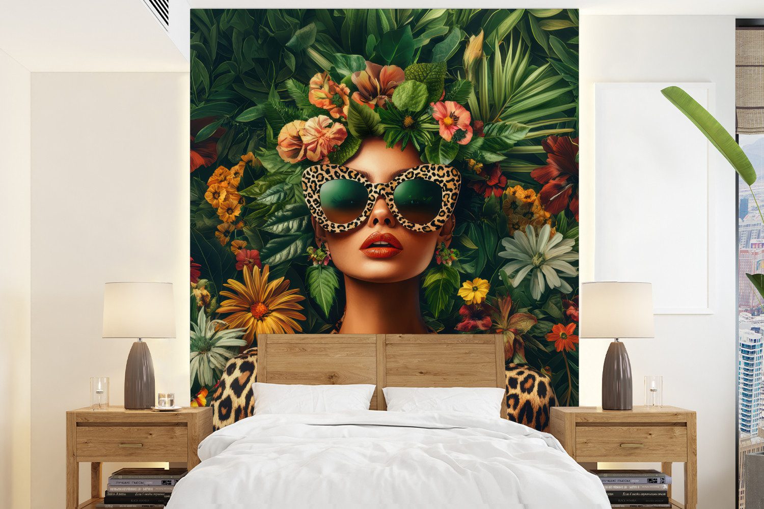 MuchoWow Fototapete Frau - Pantherdruck - Dschungel - Natur - Luxus, Matt, bedruckt, Wallpaper für Wohnzimmer, Schlafzimmer, Vinyl Tapete, 165x220 cm