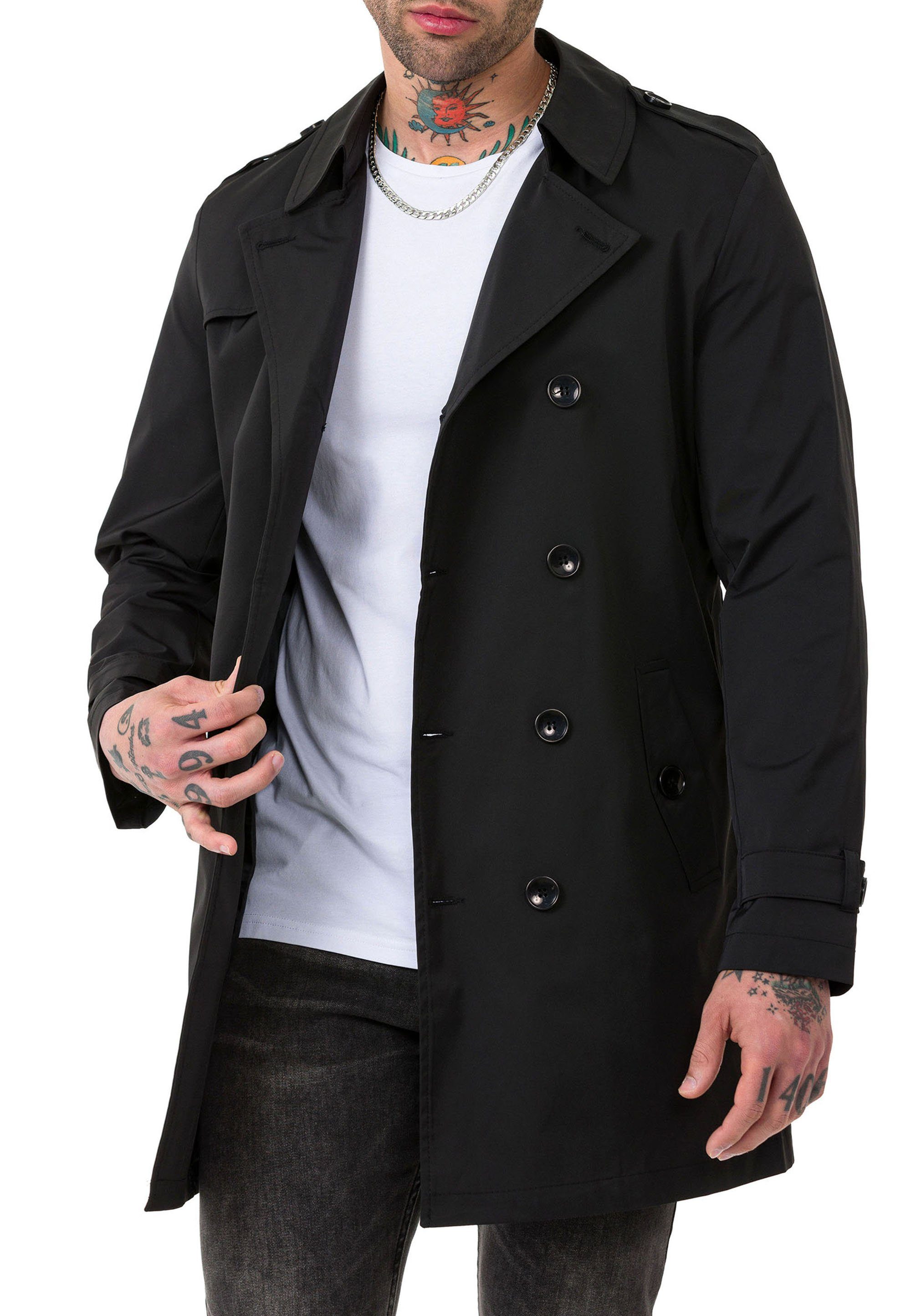 Schwarz Qualität Mantel Premium Trenchcoat mit RedBridge Gürtelschnalle