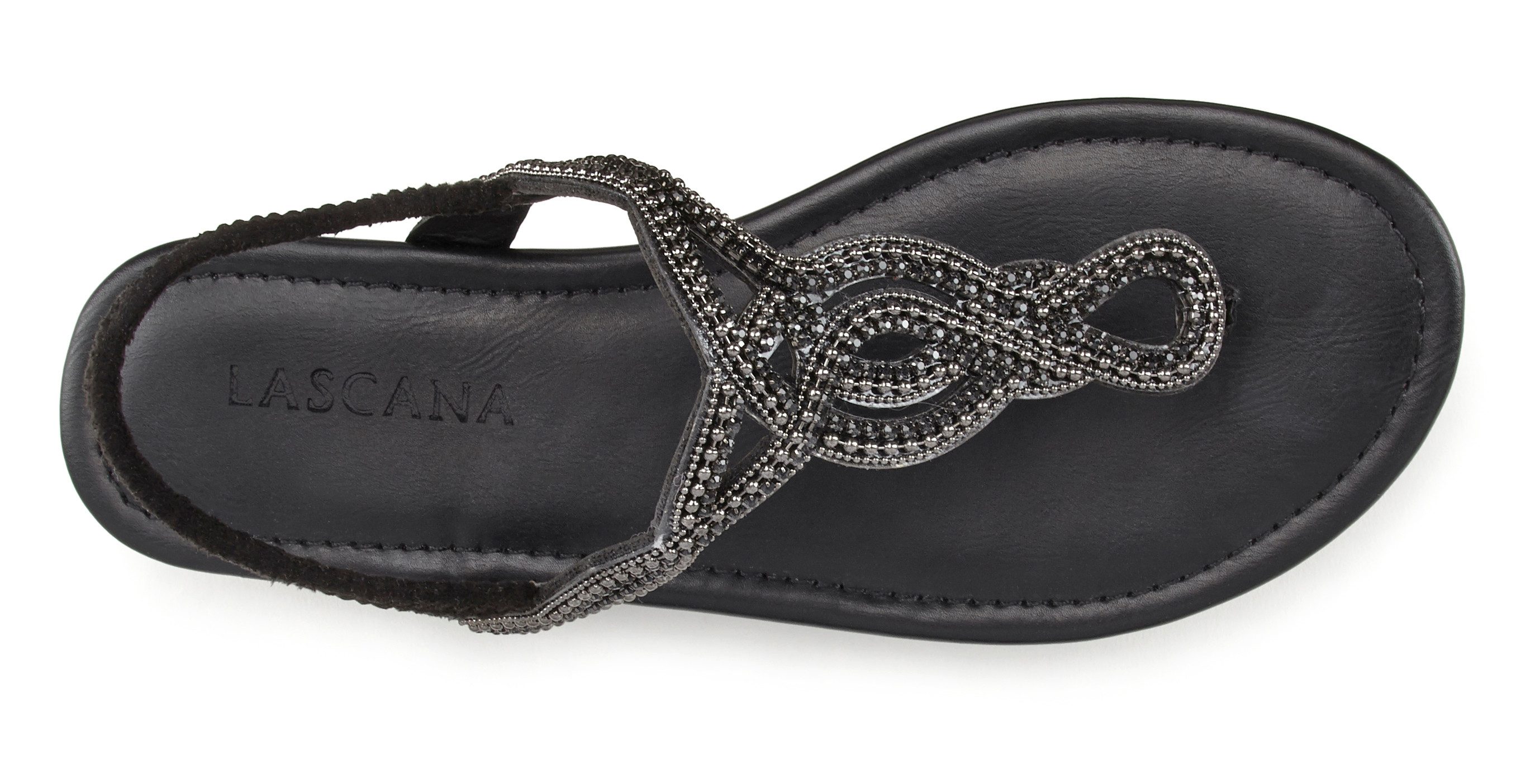 LASCANA Sommerschuh, offener Schuh, Zehentrenner Sandale, Pantolette mit Schmucksteinen in Glitzer-Optik VEGAN