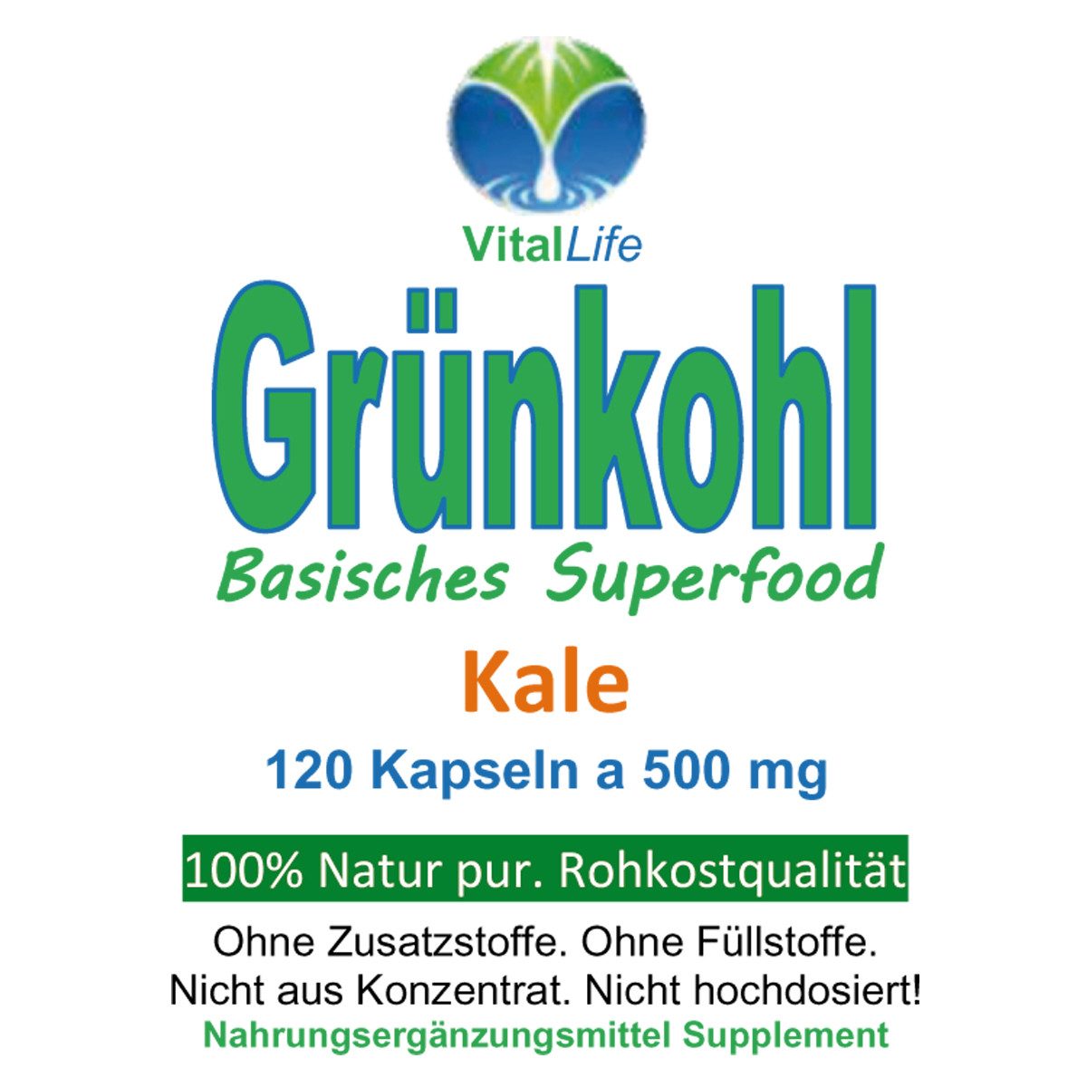 VitalLife Grünkohl Kale LUTEIN & SULFORAPHAN Natur pur OHNE Zusatzstoffe Kapseln, 1 er Dose à 120 St., 60 g, Art. 26695-120