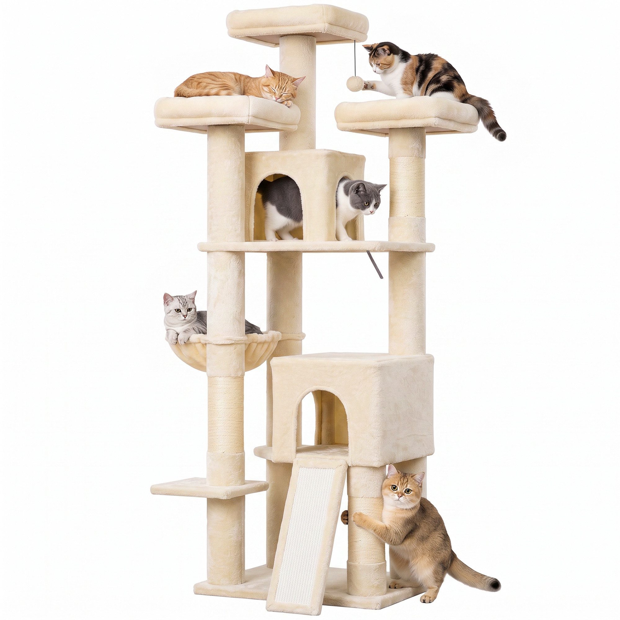 PawHut Kratzbaum Groß 184 cm hoch Katzenbaum mit 3 Dicke Kratzstämmen 2 Höhlen, für 1-3 Katzen unter 6 kg Beige – Bild 2 von 5