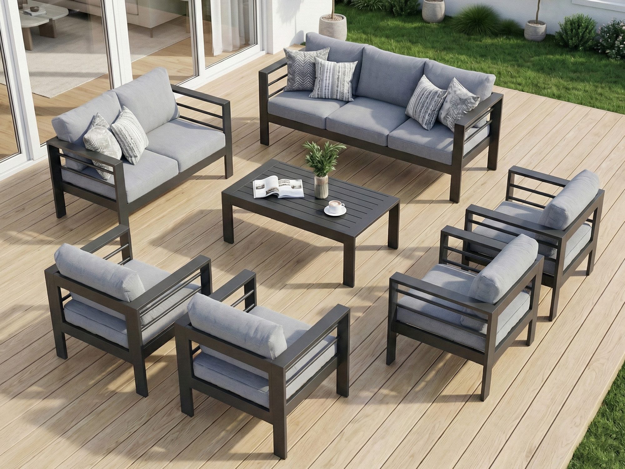 MeXo Gartenlounge-Set Terrassenmöbel Set 8-10 Personen Aluminium outdoor wetterfest, (pflegeleichte Polywood-Tischplatte, 7-tlg., 12cm Deluxe Relax-Sitzkissen), Gartenmöbel Set Alu, Luxus Relax, Belastbarkeit pro Sitzplatz 140kg