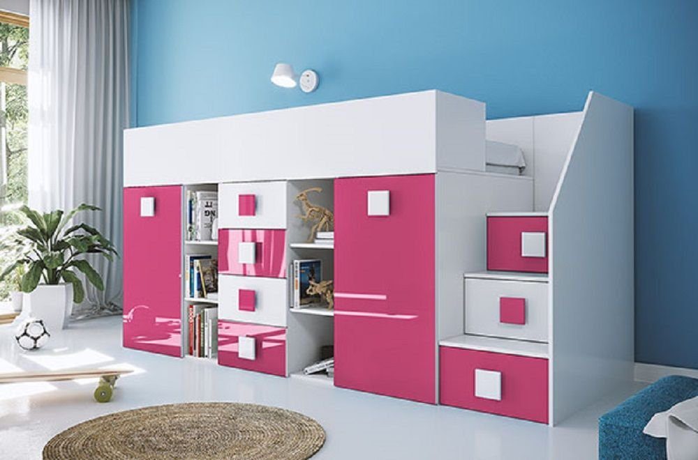 Feldmann-Wohnen Hochbett TOLEDO 3 (Etagenbett mit Schreibtisch + Kleiderschrank) Farbe wählbar - Treppe rechts weiß / pink Hochglanz - Griffe weiß / pink
