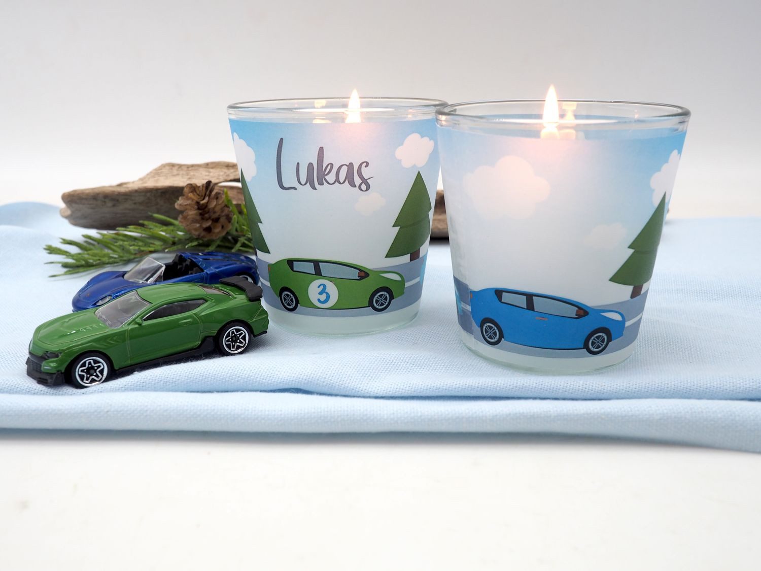 ZauberDeko Windlicht Windlicht Banderole Auto Kinder Geburtstag Kerzenglas MIT NAME 7,5cm H