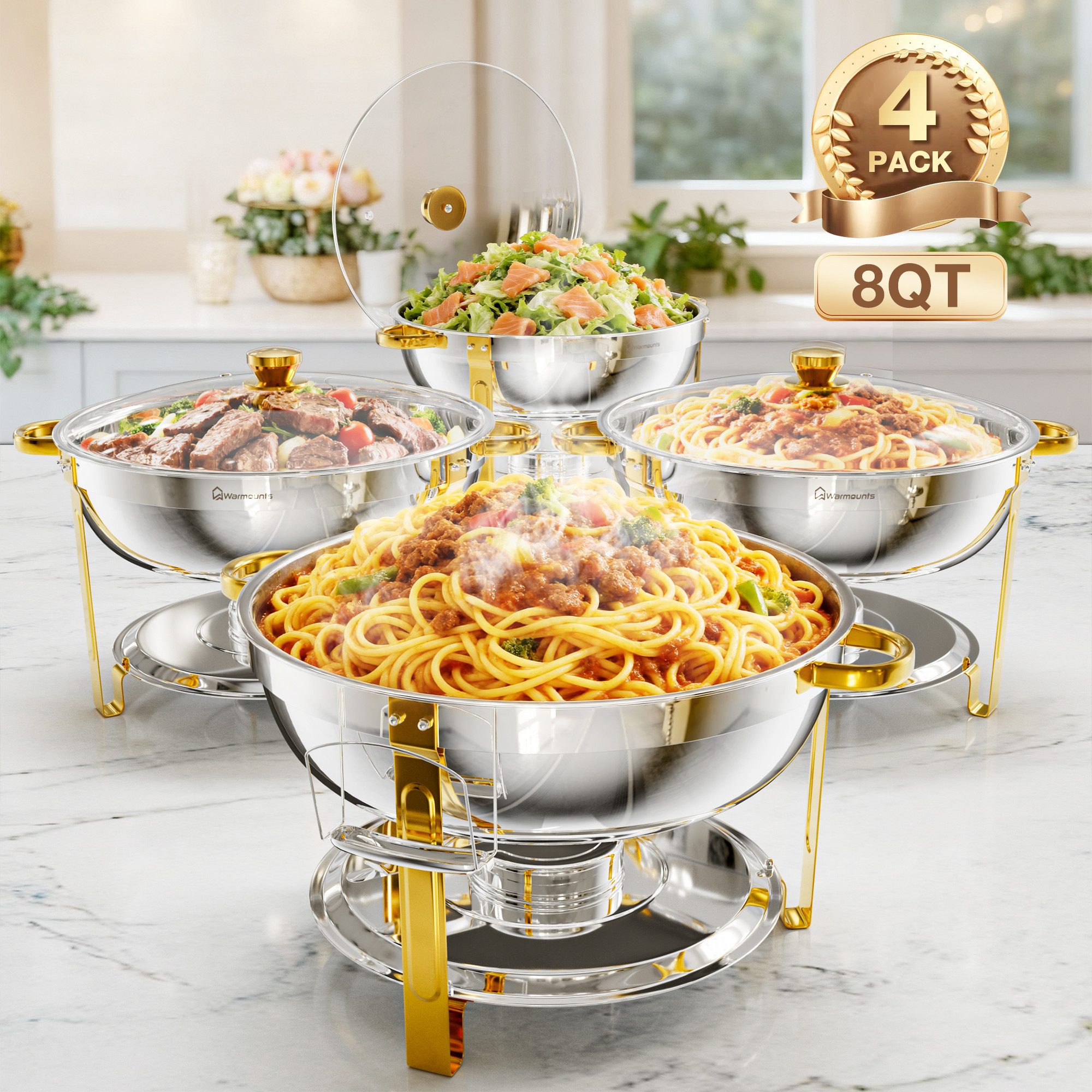 Warmounts Speisenwärmer 7,5 L Chafing Dish Speisenwärmer Set, (4-tlg., 8QT Rund, Edelstahl mit Deckelhalter und Glasdeckel), Buffet Warmhalter-Set für Catering,Partys,Abendessen