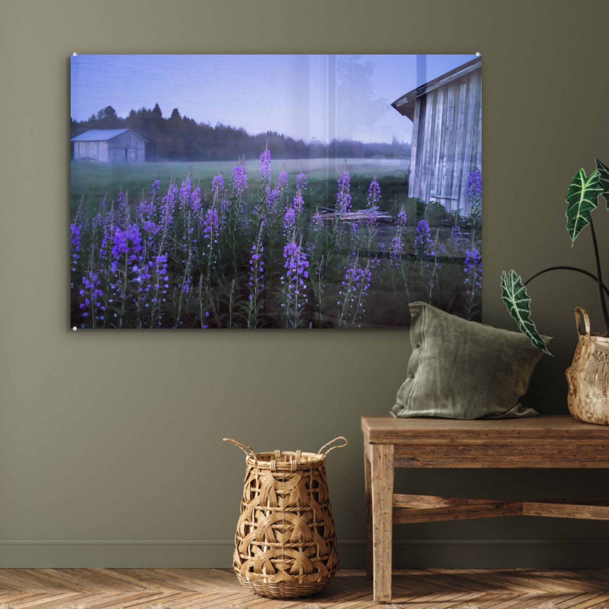 (1 Acrylglasbild Acrylglasbilder Finnland, St), Feld in MuchoWow Wohnzimmer einem auf Schlafzimmer & leeren Holzschuppen