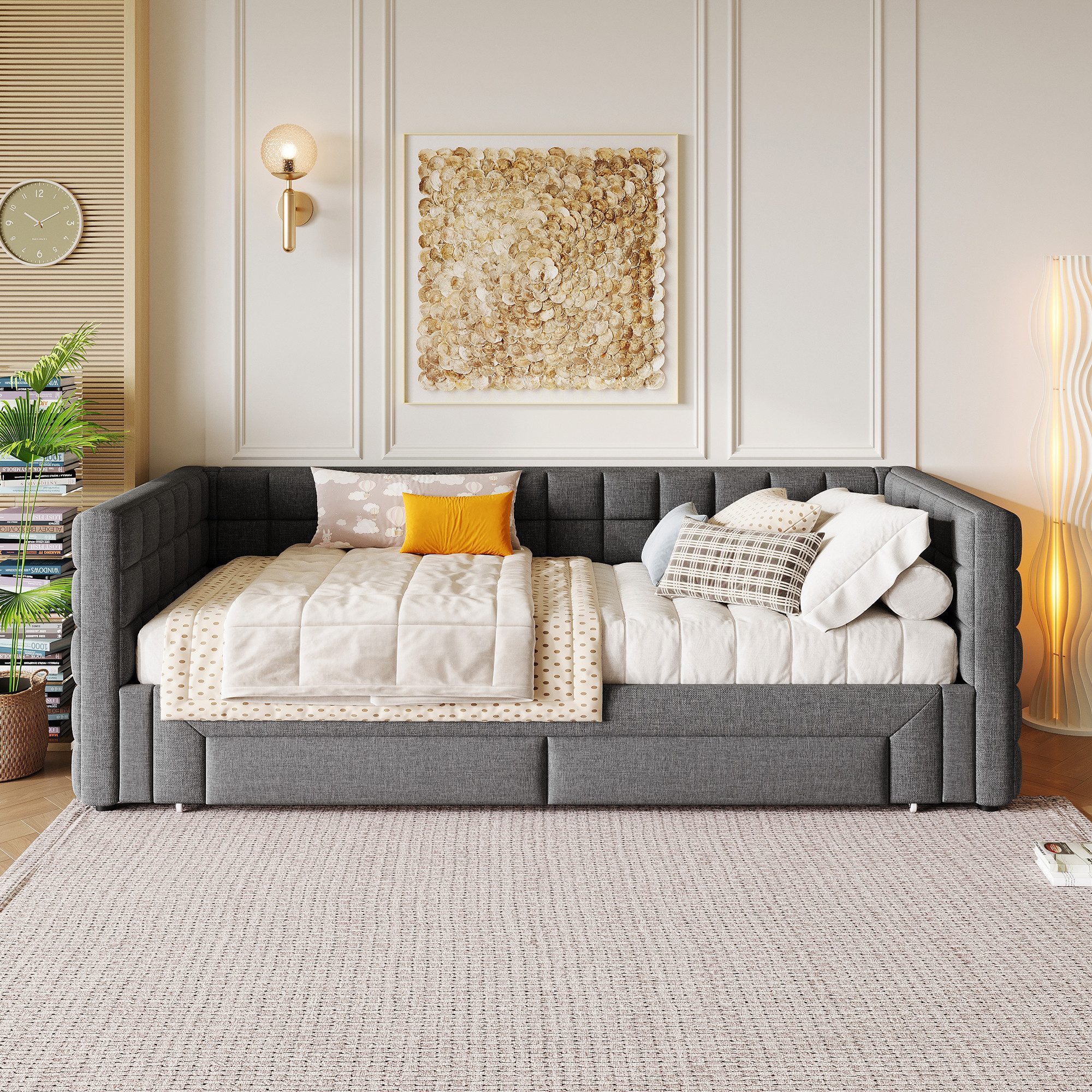 SOFTWEARY Schlafsofa mit Bettfunktion und Schubladen, 90x200cm/180x200cm, Schlafsofa mit Ausziehbett, Polsterbett