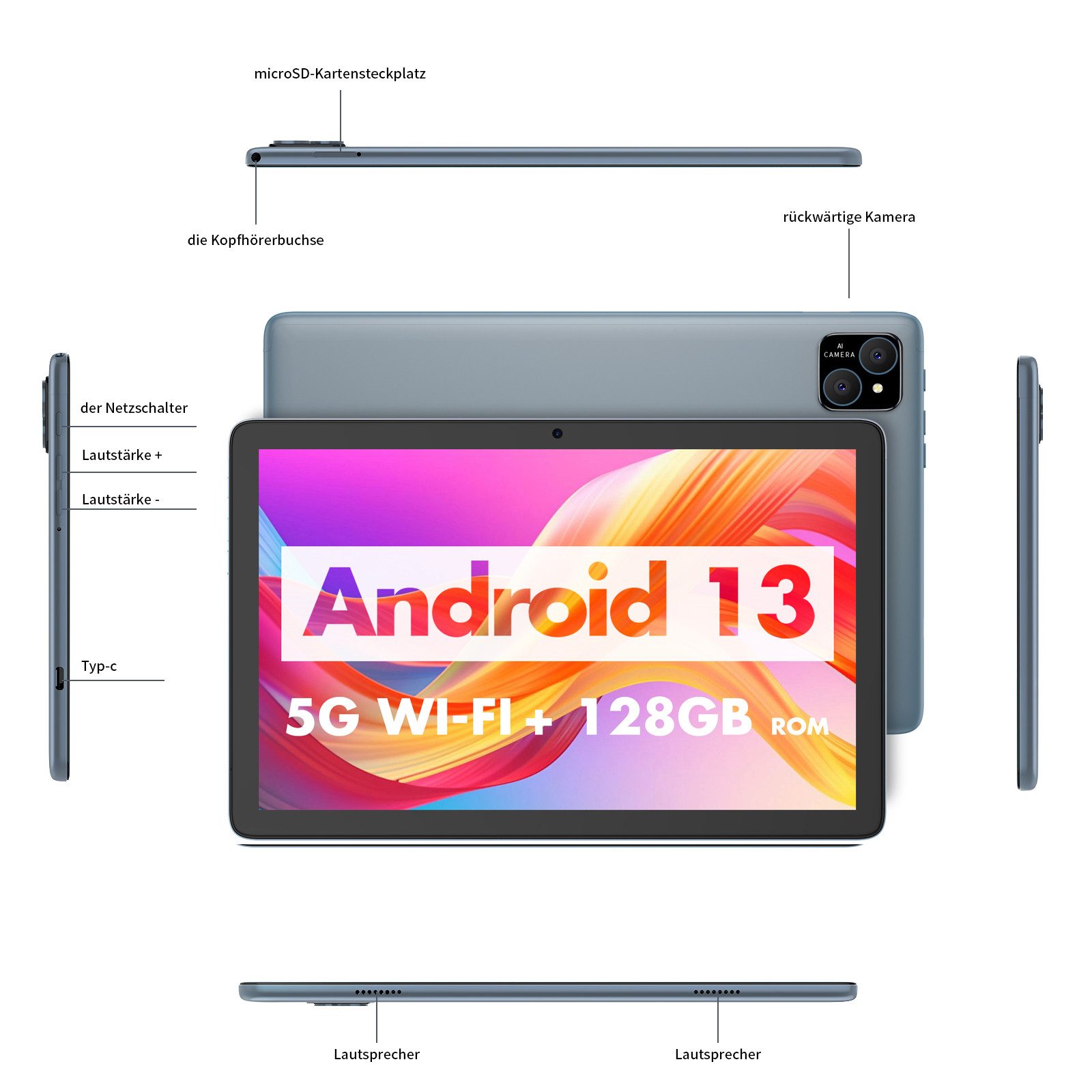 VASOUN Tablet (10 Zoll", 128 GB, Neueste Android, 8000 mAh Akku, 128GB ROM, 2MP+8MP, 1280*800 HD)