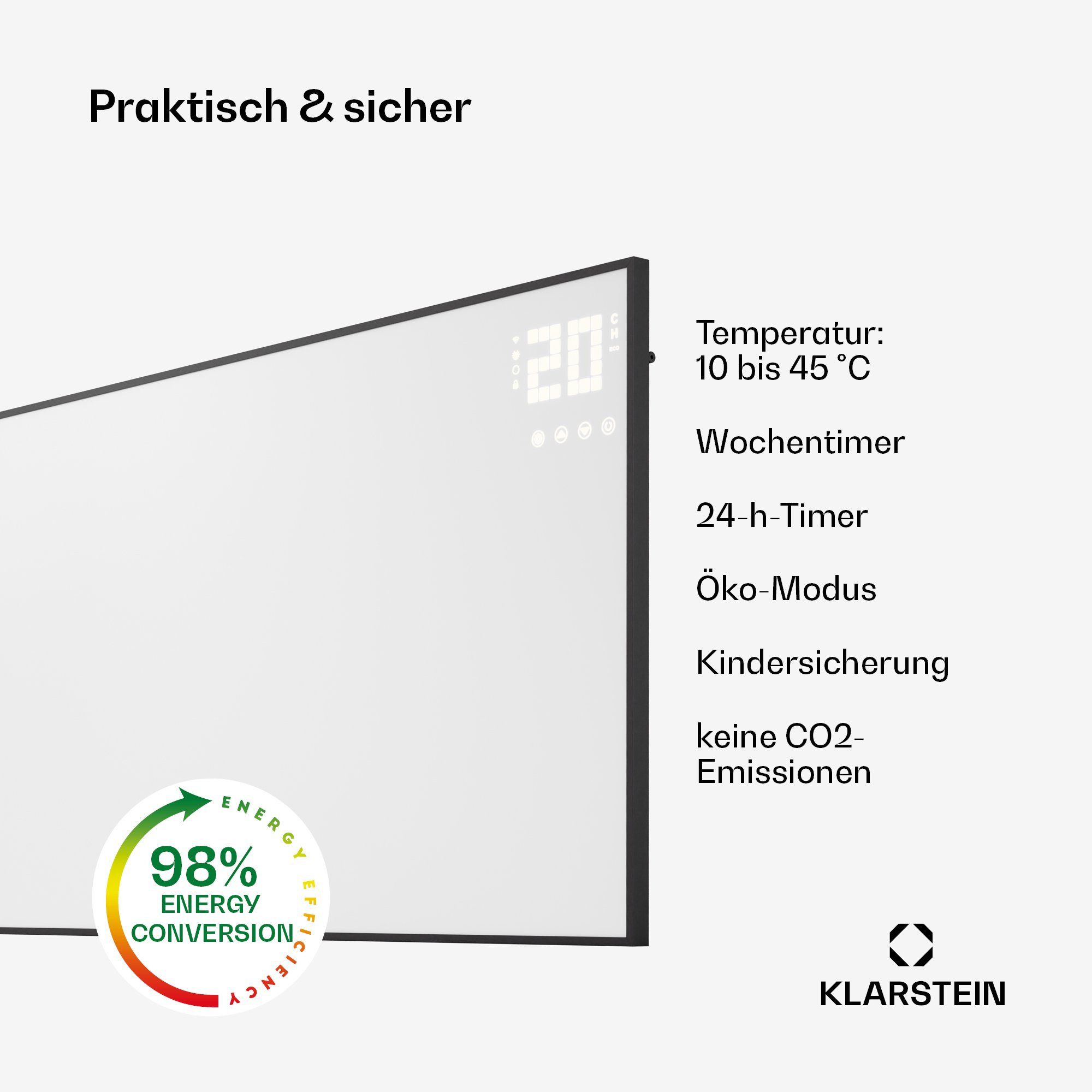 Thermostat Klarstein Bornholm, Heizung Smart Heizkörper elektrischer Wonderwall Wärmestrahlung mit Infrarot