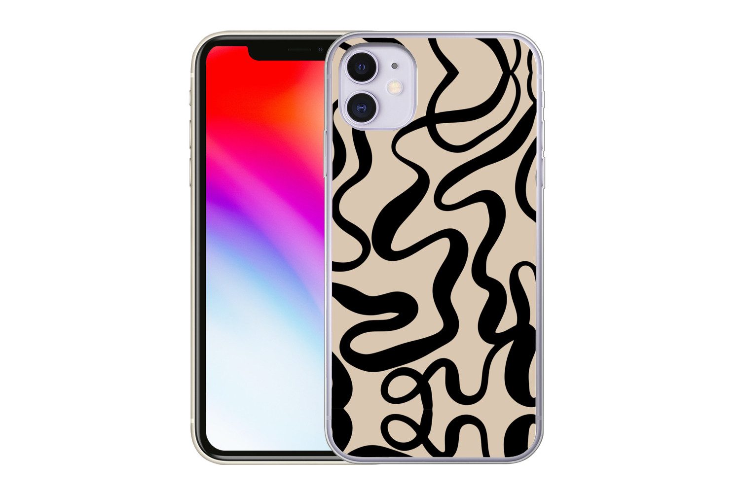 MuchoWow Handyhülle für Apple iPhone 11 Linien - Schwarz - Beige - Abstrakt - Minimalistis, Smartphone-Bumper, Print, Handy Schutzhülle Dünn