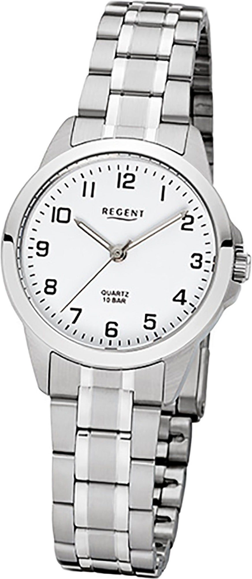Regent Quarzuhr Regent Edelstahl Damen Uhr F-1003 Quarz, (Analoguhr),  Damenuhr Edelstahlarmband, rundes Gehäuse, klein (ca. 29mm) weiß