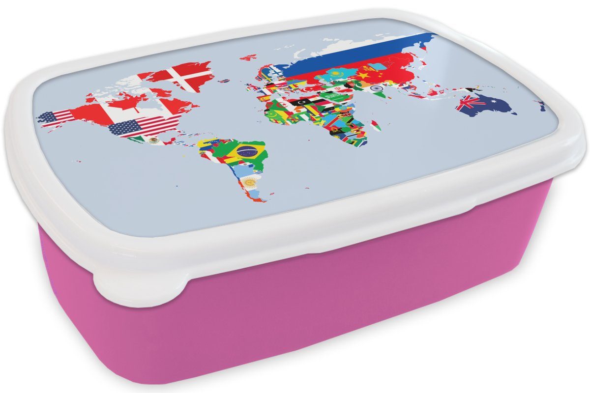 Kunststoff, Lunchbox Kinder, Flagge Welt Karte Mädchen, Kunststoff für MuchoWow Erwachsene, - Brotdose Brotbox - rosa Snackbox, Länder, (2-tlg), -