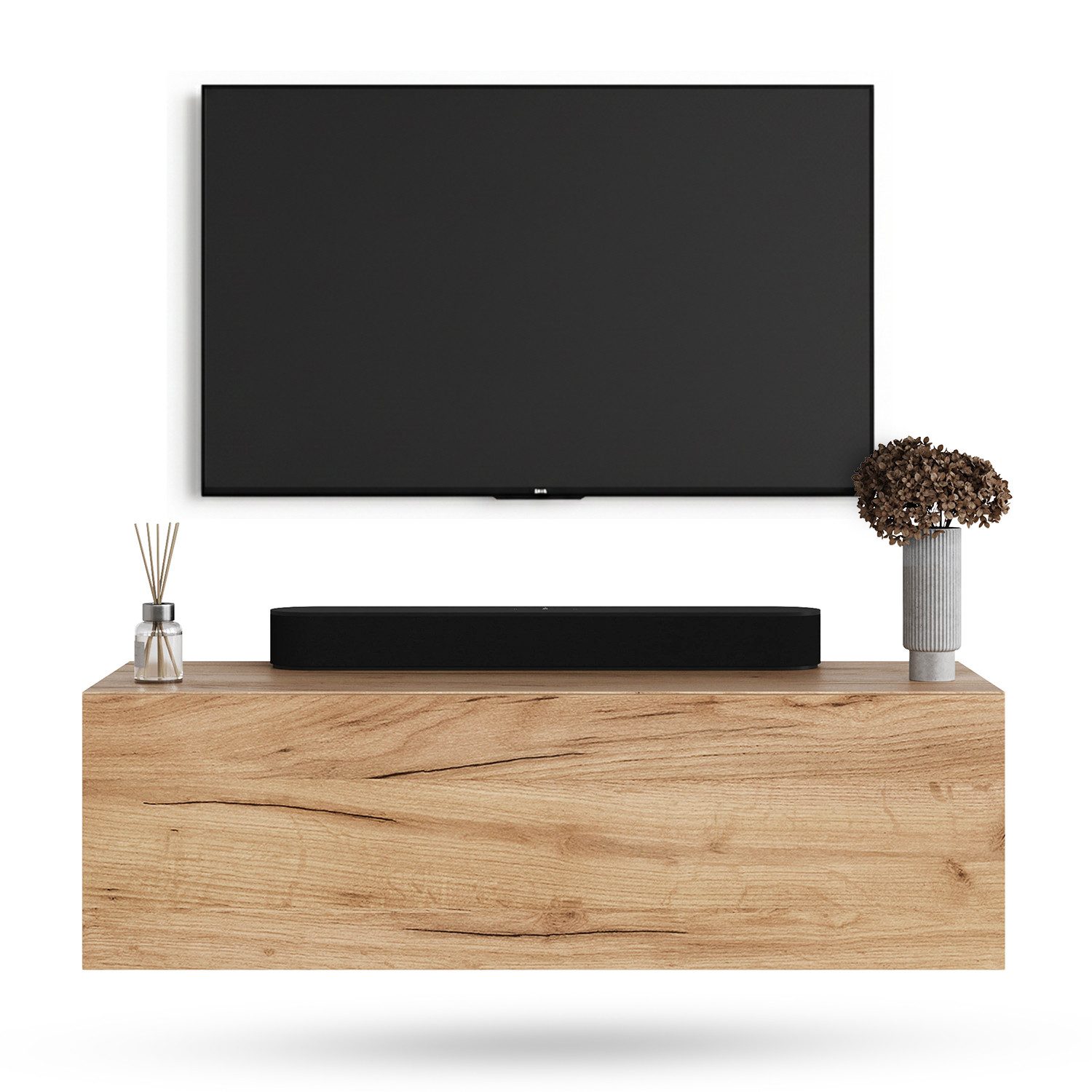 Planetmöbel TV-Schrank West TV-Board, Fernsehtisch 100 cm lang, TV-Lowboard (für Fernseher bis 55 Zoll, TV Schrank viel Stauraum, 1-St., sideboard hängend, Fernsehschrank 100 x 30 x 37,5 cm) gold eiche