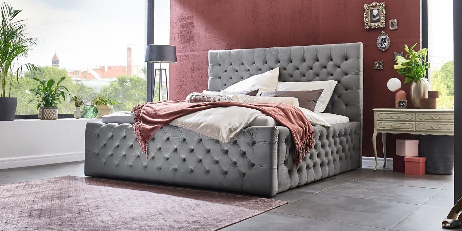 JVmoebel Boxspringbett Elegantes Polsterbett aus Velvet in edlem Grau (1-St)