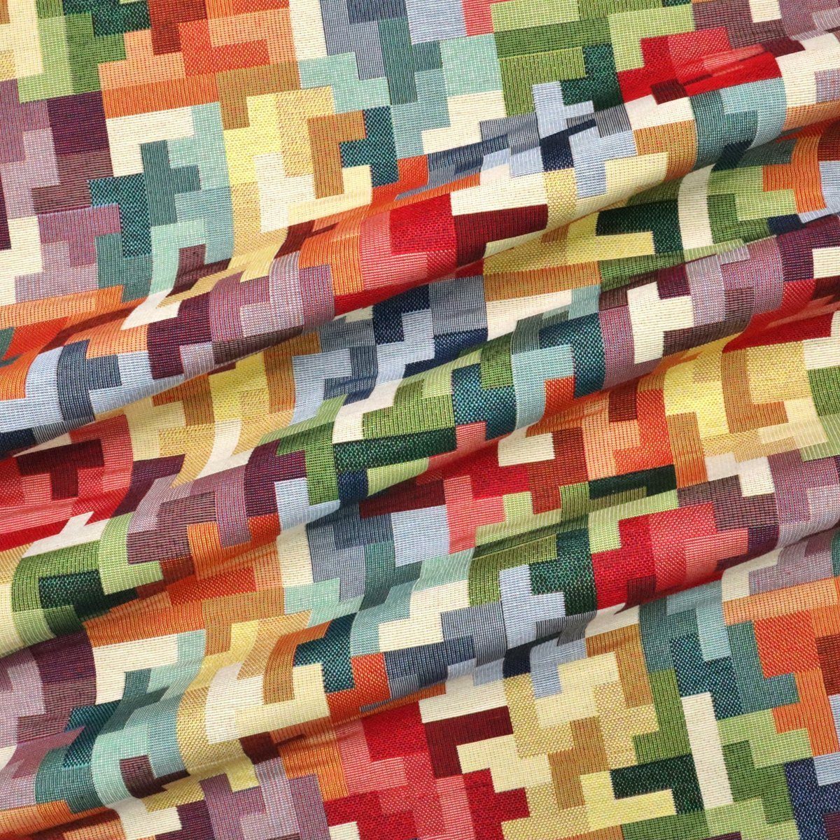 Thumbnail - Stofferia Stoff Polsterstoff Gobelin Grafisches Tetris Spiel Bunt, Breite 140 cm, Meterware