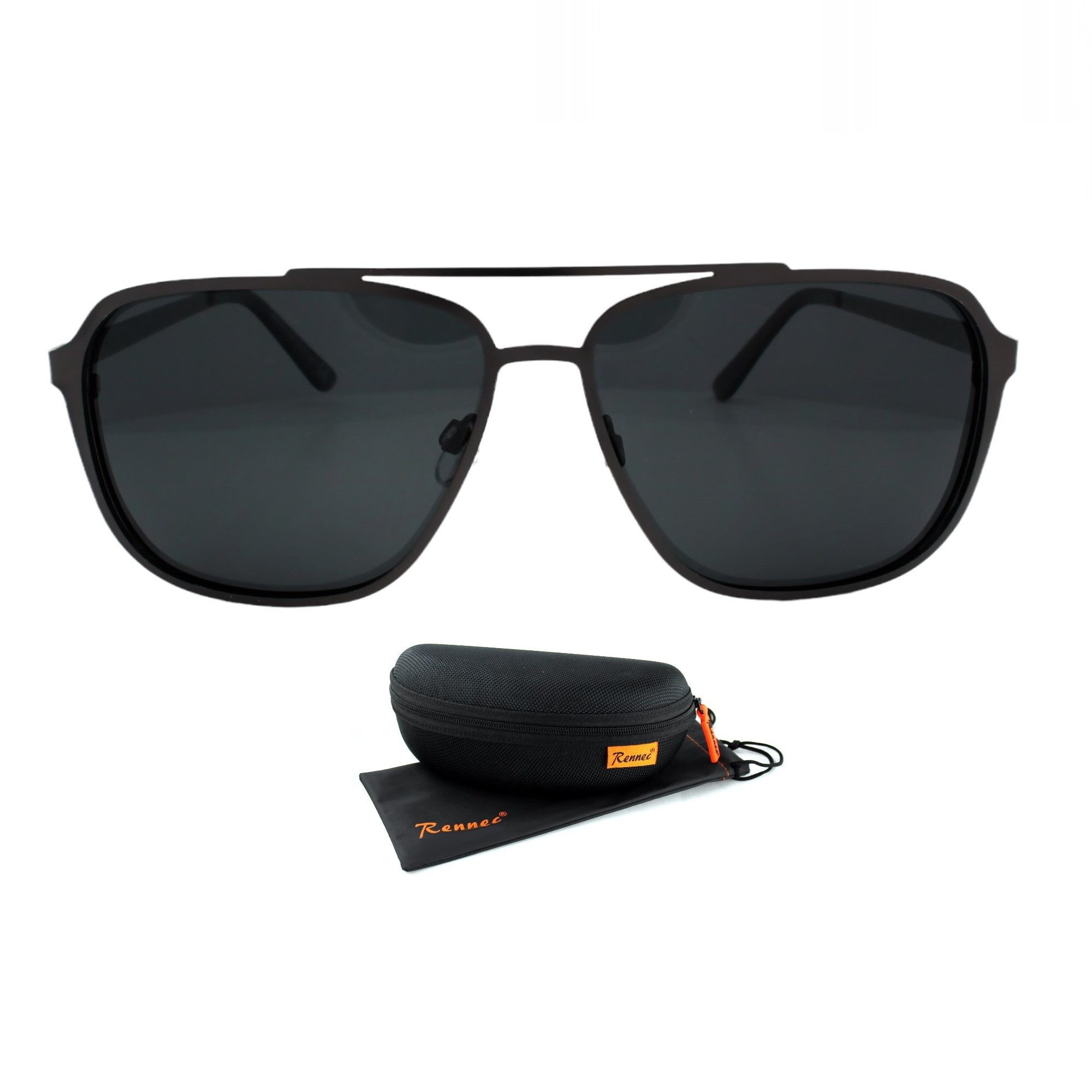 Rennec Sonnenbrille Herren Pilotenbrille Polarisiert Schwarz Eckig mit Hardcase (Polbrille mit schwimmfähiger Brillenbox) Gläser UV400 Getönt, leichtes stabiles Edelstahl Gestell