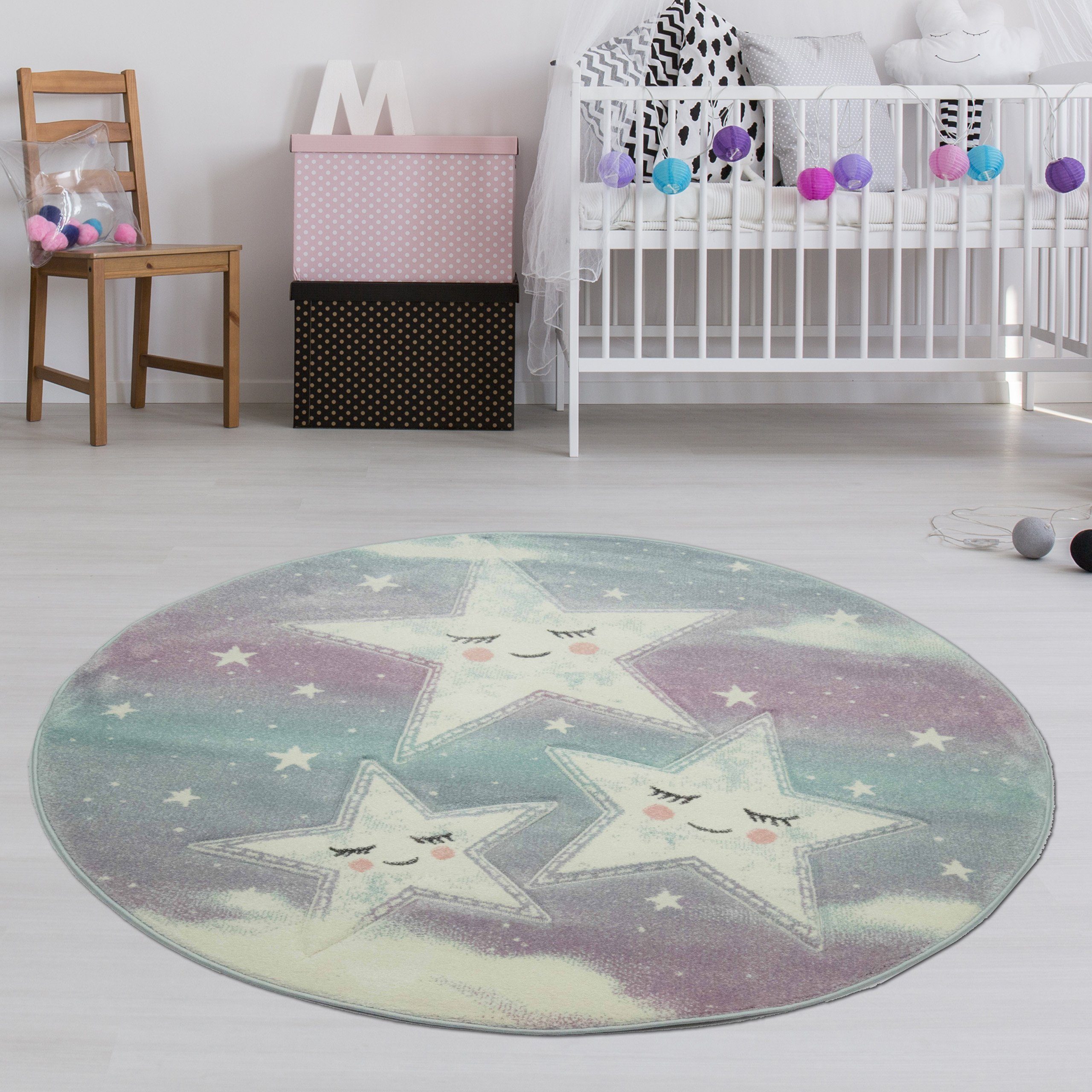 TeppichHome24 Kinderteppich Kinderteppich Sterne Design blau creme, Rund, Höhe: 13 mm