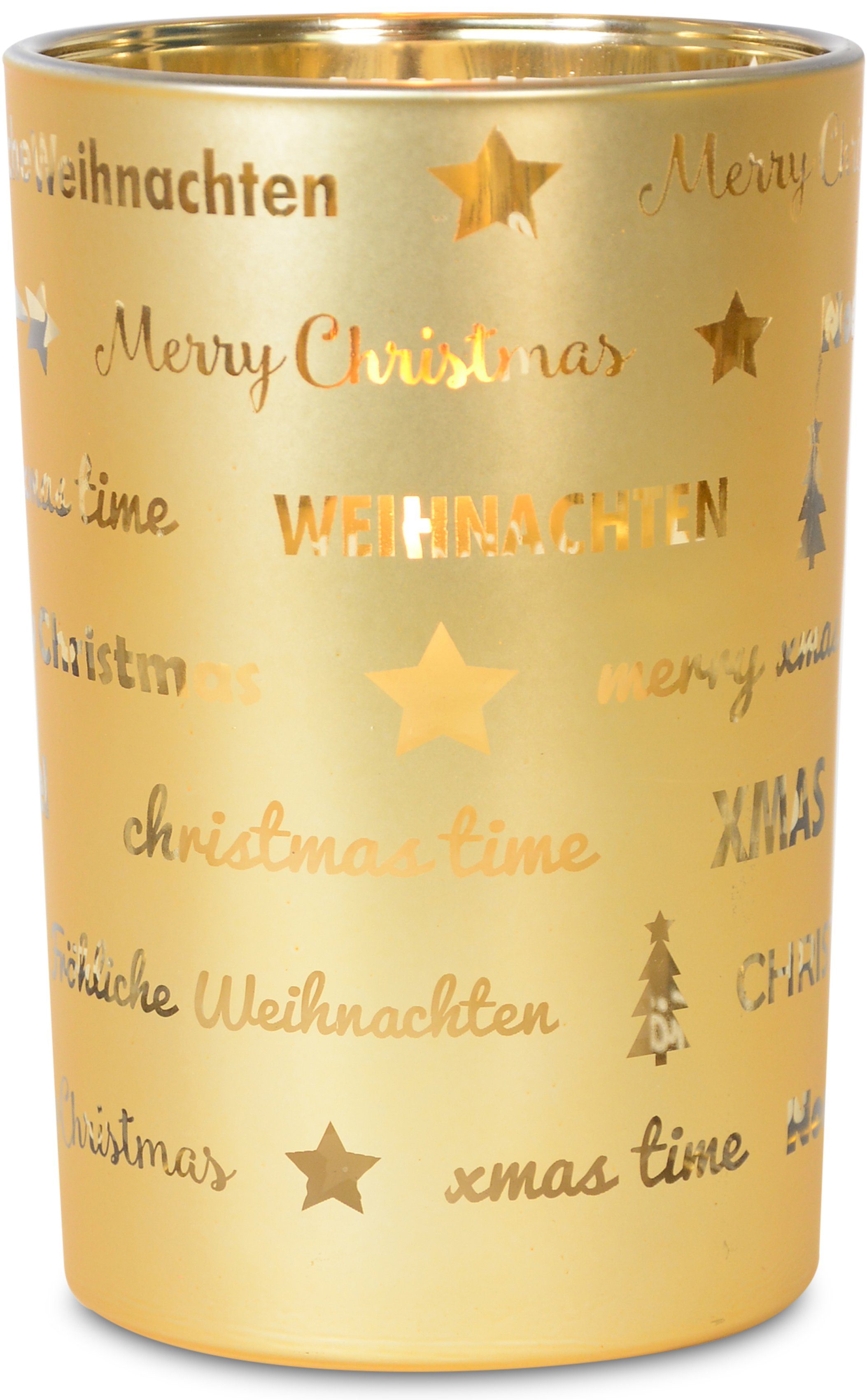 RIFFELMACHER & WEINBERGER Windlicht Fröhliche Weihnachten, Weihnachtsdeko,  mit besonderem Schriftzug. aus Glas, Höhe 18 cm, Teelichthalter, Windlicht  für leuchtende Deko-Momente