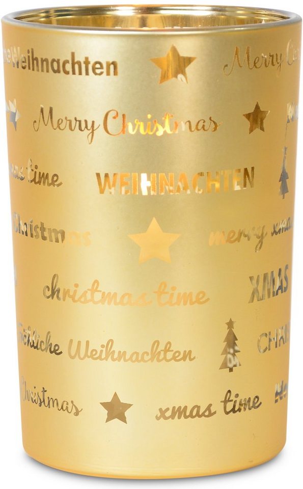 RIFFELMACHER & WEINBERGER Windlicht Fröhliche Weihnachten, Weihnachtsdeko,  mit besonderem Schriftzug. aus Glas, Höhe 18 cm, Teelichthalter, Windlicht  für leuchtende Deko-Momente | Windlichter