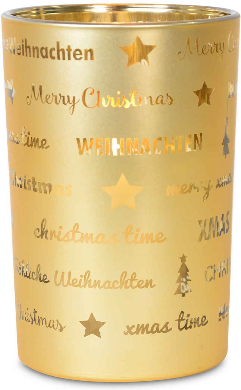 RIFFELMACHER & WEINBERGER Windlicht »Fröhliche Weihnachten, Weihnachtsdeko«, mit besonderem Schriftzug. aus Glas, Höhe 18 cm, Teelichthalter