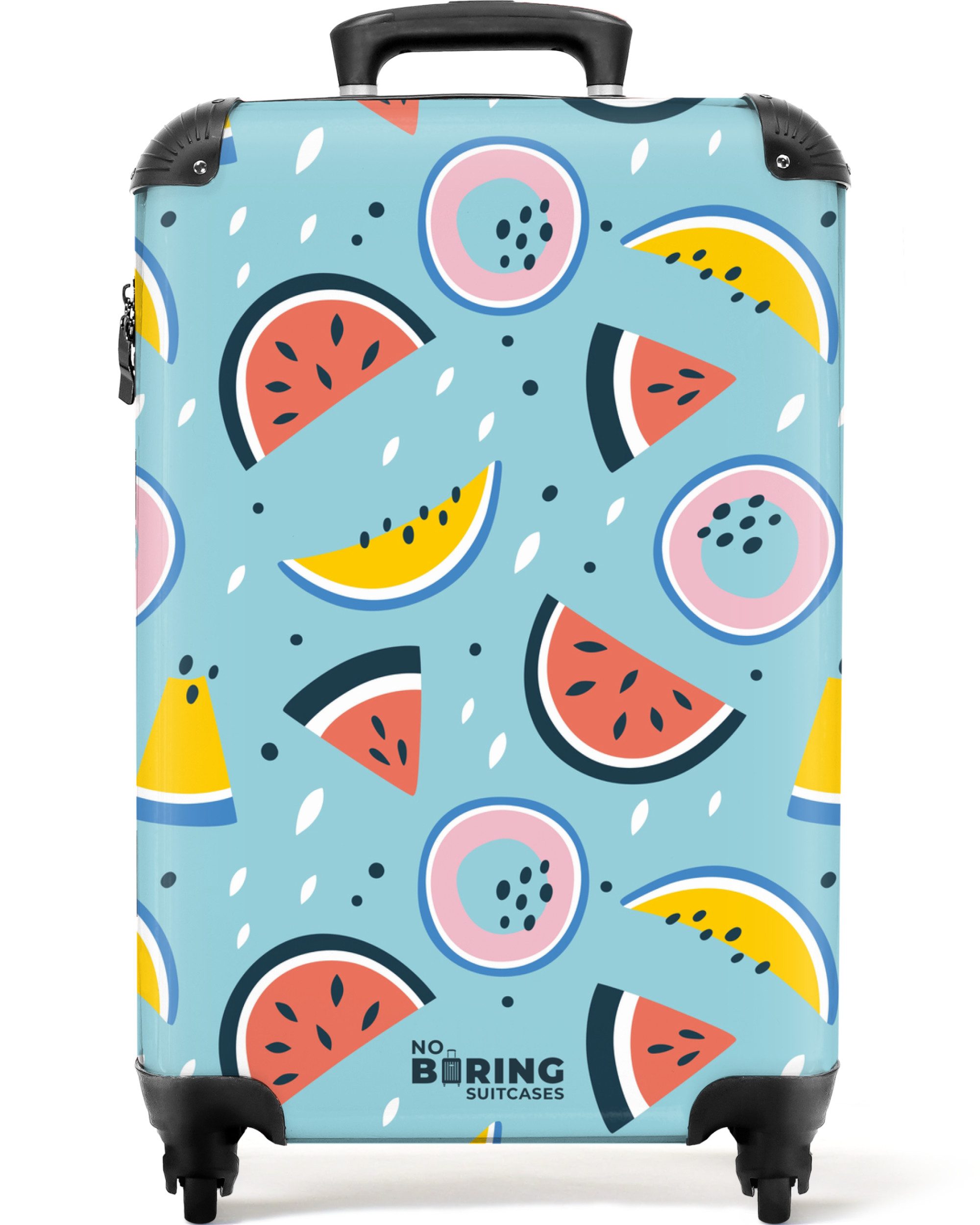 NoBoringSuitcases.com© Hartschalen-Trolley Wassermelonen und Fruchtsegmente auf hellblauem Muster 55x35x20cm, 4 Rollen, Reisetasche mit Rollen, Koffer Handgepäck Flugzeug