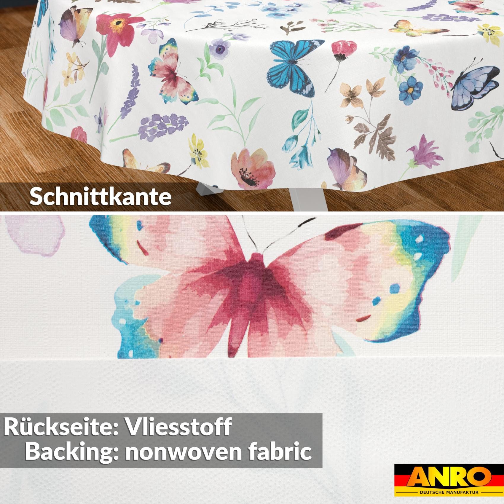 ANRO Tischdecke Schmetterlinge abwaschbar Wachstuch pflegeleicht wasserabweisend (Einzelstück 1-tlg), Schmutzabweisend Romantik Bunt Oval 160x140cm Gartentischdecke