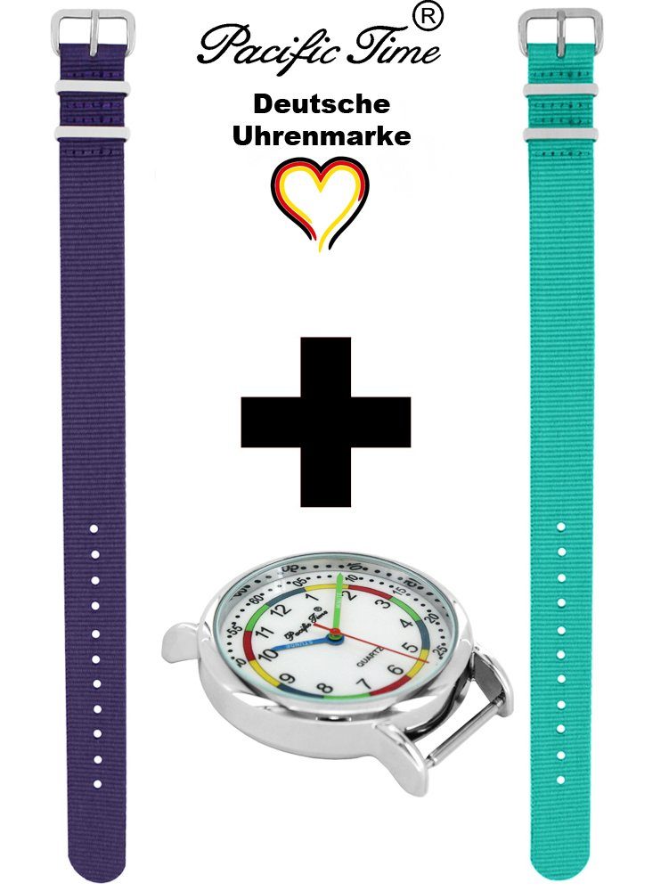 Pacific Time Quarzuhr und First Match Mix violett und türkis Wechselarmband, Versand Set Kinder - Gratis Lernuhr Armbanduhr Design