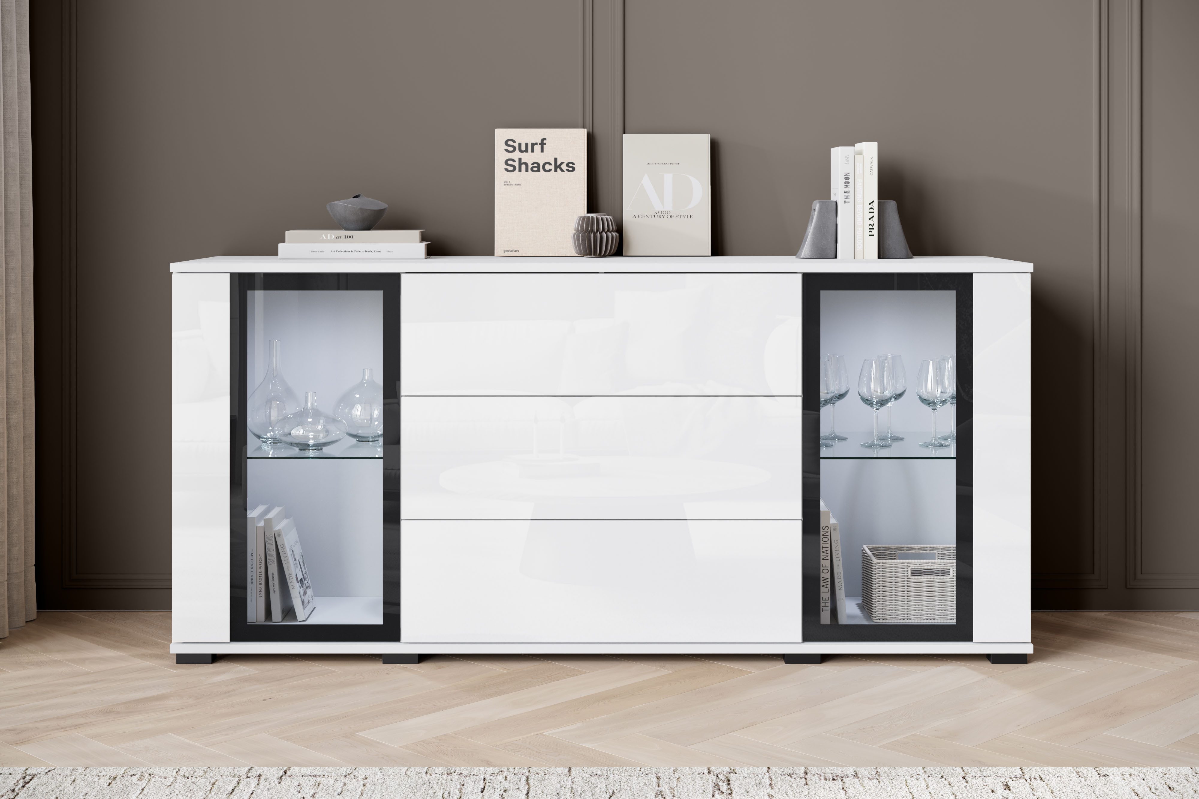 Home affaire Sideboard modernes Design mit Glaseinsätzen und 3 Schubladen, Breite 150 cm (1 St), Grifflose Fronten mit Push-to-Open, höhenverstellbare Einlegeböden