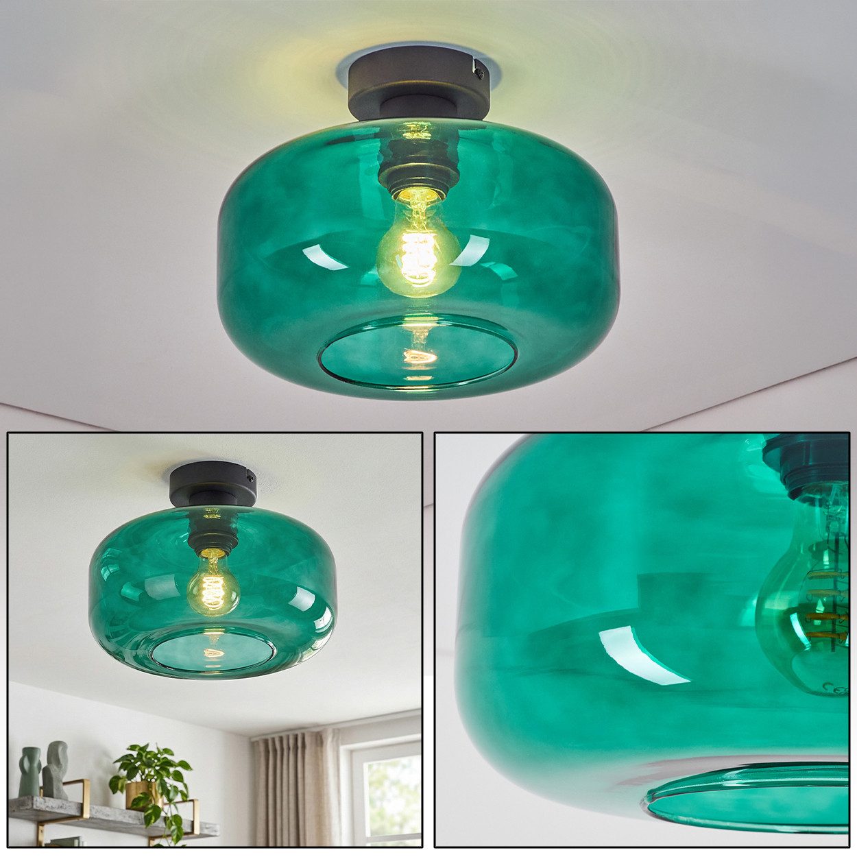 hofstein Deckenleuchte Deckenlampe aus Metall/Glas in Schwarz/Dunkelgrün, Deckenleuchte im Retro/Vintage-Design, Ø 28 cm, Höhe 21 cm, E27