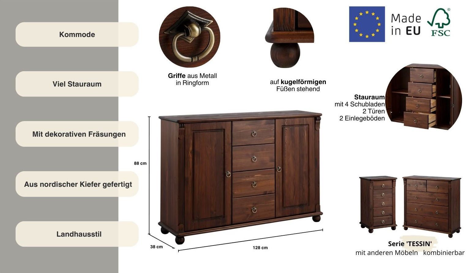 OTTO home Kombikommode Tessin; Buffetunterschrank, klassischer Landhausstil, aus massiver, FSC®-zertifizierter Kiefer, 128cm breit