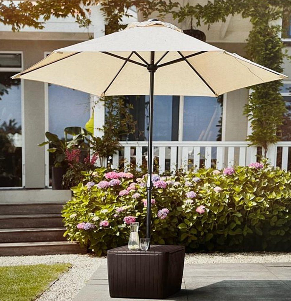 Beistelltisch Keter für Gartenbox Schirmständer Holzoptik Sonnenschirmsockel Abdeckung/ braun "Jade"