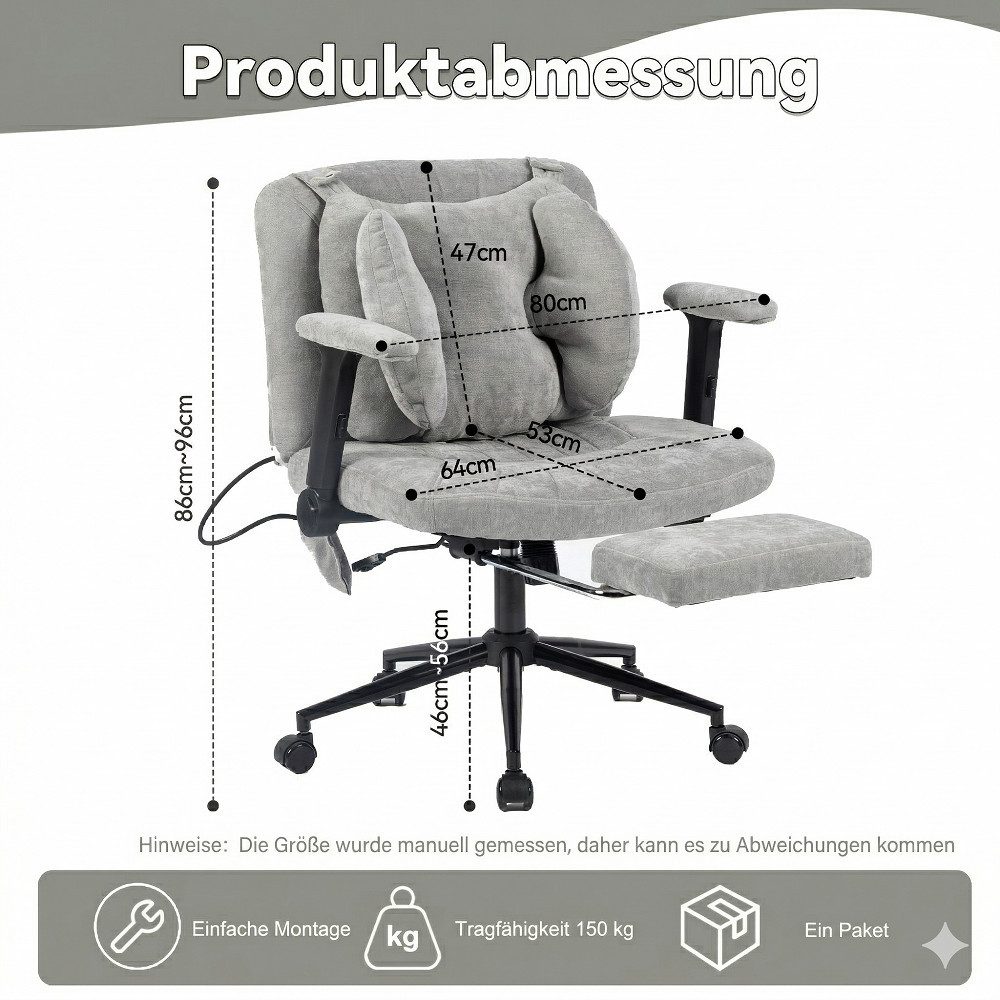 Leawin Drehstuhl Ergonomischer Bürostuhl mit Air-Lordosenstütze, Breiter Drehstuhl mit Rollen, weich gepolstert bis 150 kg
