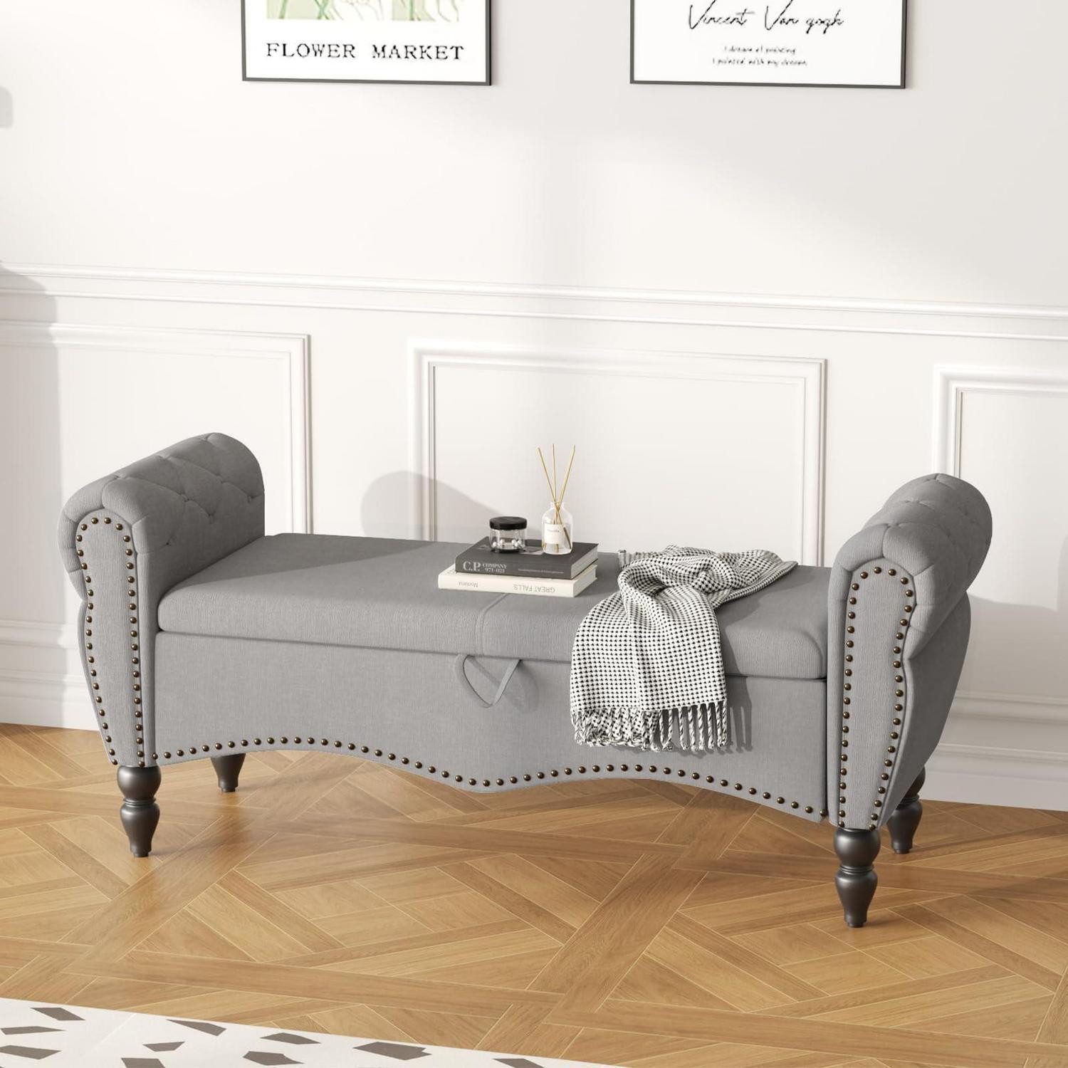 LuxusKollektion Polsterbank Aufbewahrungs-Ottomane Grau 128cm (1-St)