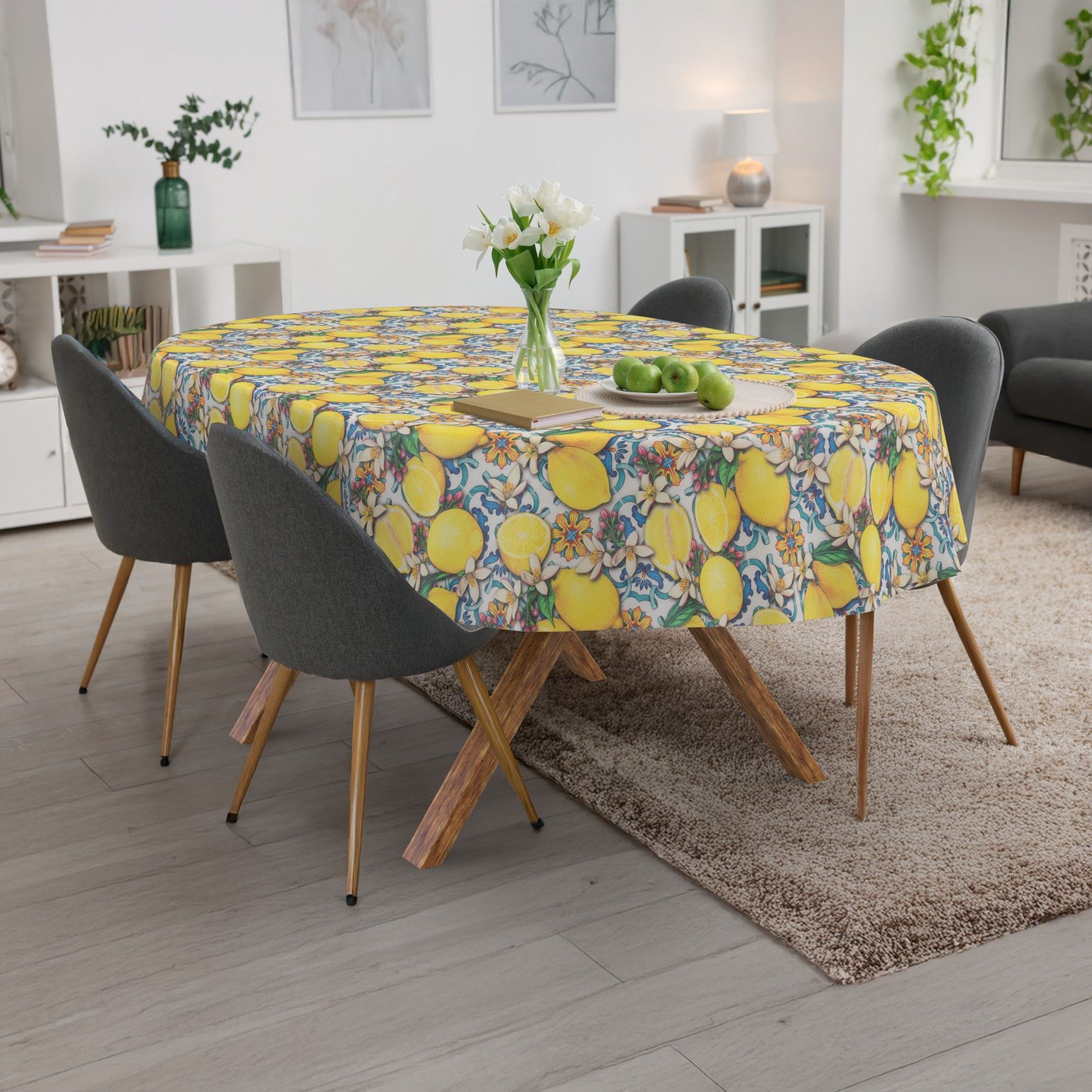 ANRO Tischdecke Wachstuchtischdecke 3.0 abwischbar Zitrone Spanien Gartentischdecke (Einzelstück 1-tlg), wasserabweisend PU-Beschichtet Azulejos Gelb Oval 160x140cm