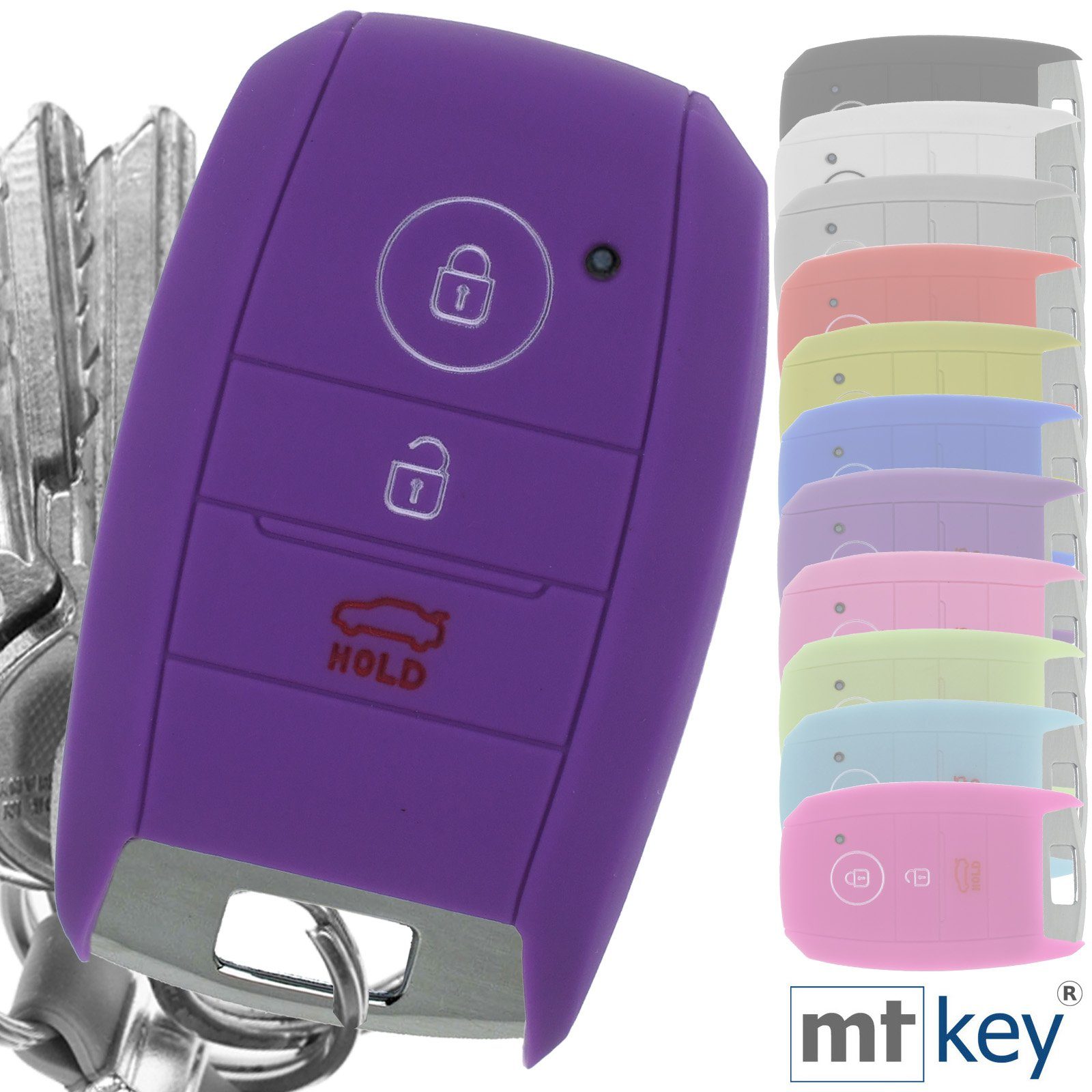 mt-key Schlüsseltasche Autoschlüssel Softcase Silikon Soul Picantio Schlüsselband, Rio mit für Schutzhülle Lila KIA Stonic Sportage 3 Tasten KEYLESS Ceed