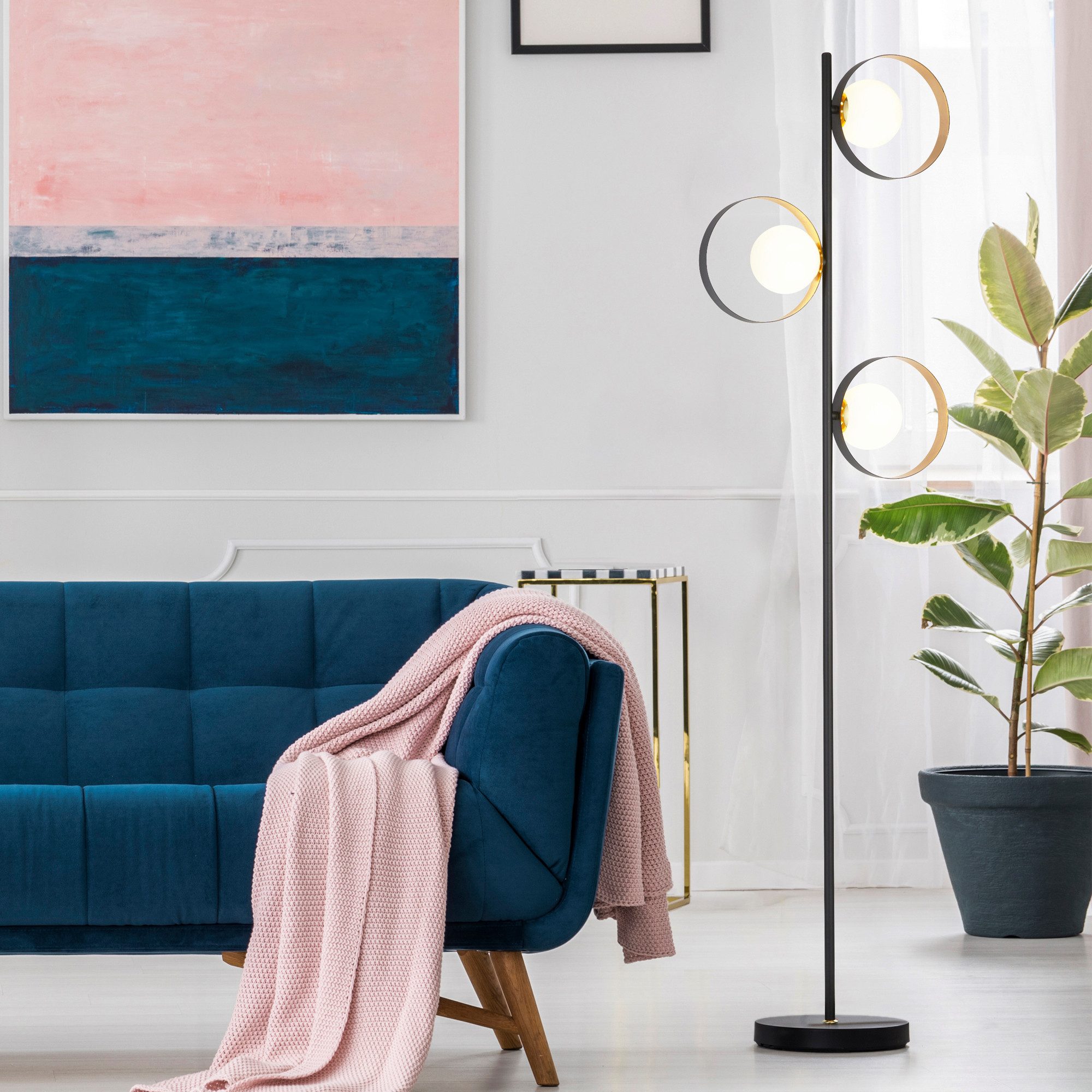 Searchlight Stehlampe Orbital Floor Lamp - Black Metal, Gold Leaf & Opal Glass, Leuchtmittel wechselbar