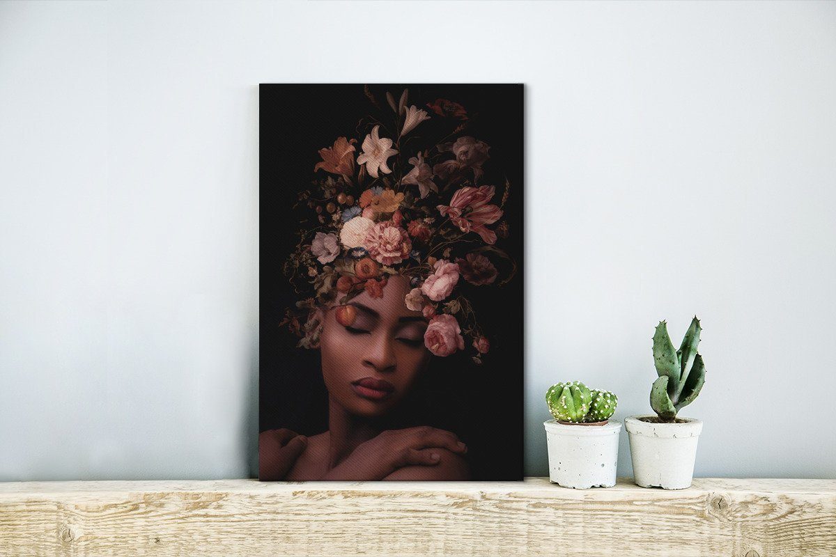 OneMillionCanvasses® Leinwandbild Frauen St), 20x30 - fertig (1 Zackenaufhänger, - Gemälde, Schwarz, Leinwandbild inkl. Blumen bespannt cm