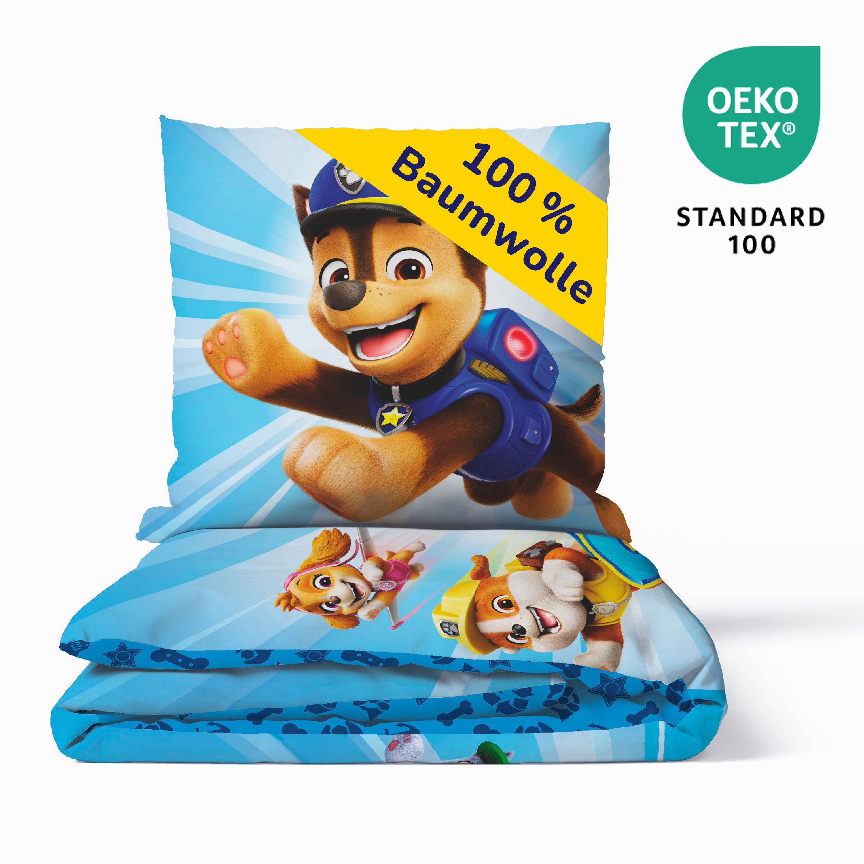 Träumschön Kinderbettwäsche Paw Patrol 135x200 + 80x80 cm, 100% Baumwolle, Paw Patrol Mighty Pups, Renforcé, 2 teilig, mit Reißverschluss, 100% Baumwolle, Bettwäsche-Set für Kinder